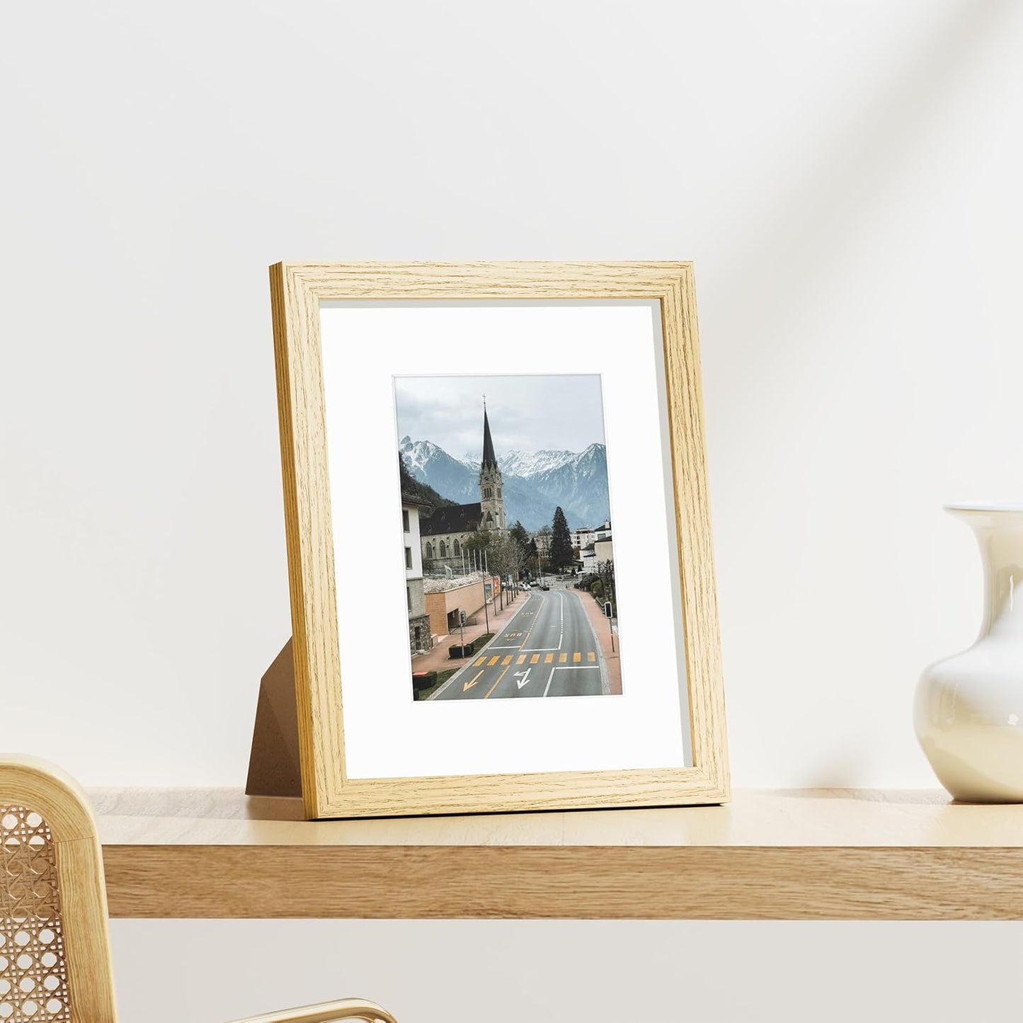 Vittanly 8x10 Picture Frames Set of 9, Shatter Resistant Plexiglass, Display 5x7 Pictures with Mat or 8x10 without Mat, Photo Frames for Wall or Tabletop, Engineered Wood, OAK