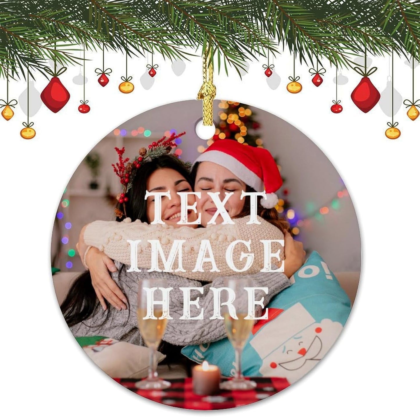 Personalized Christmas Ornaments 2024 Custom Photo Picture Text Ornament for Christmas Tree Hanging Customized Ceramic Home Holiday Decorations Gift for Xmas Kids Couples Family Dogs 2-Side Print 2.9"