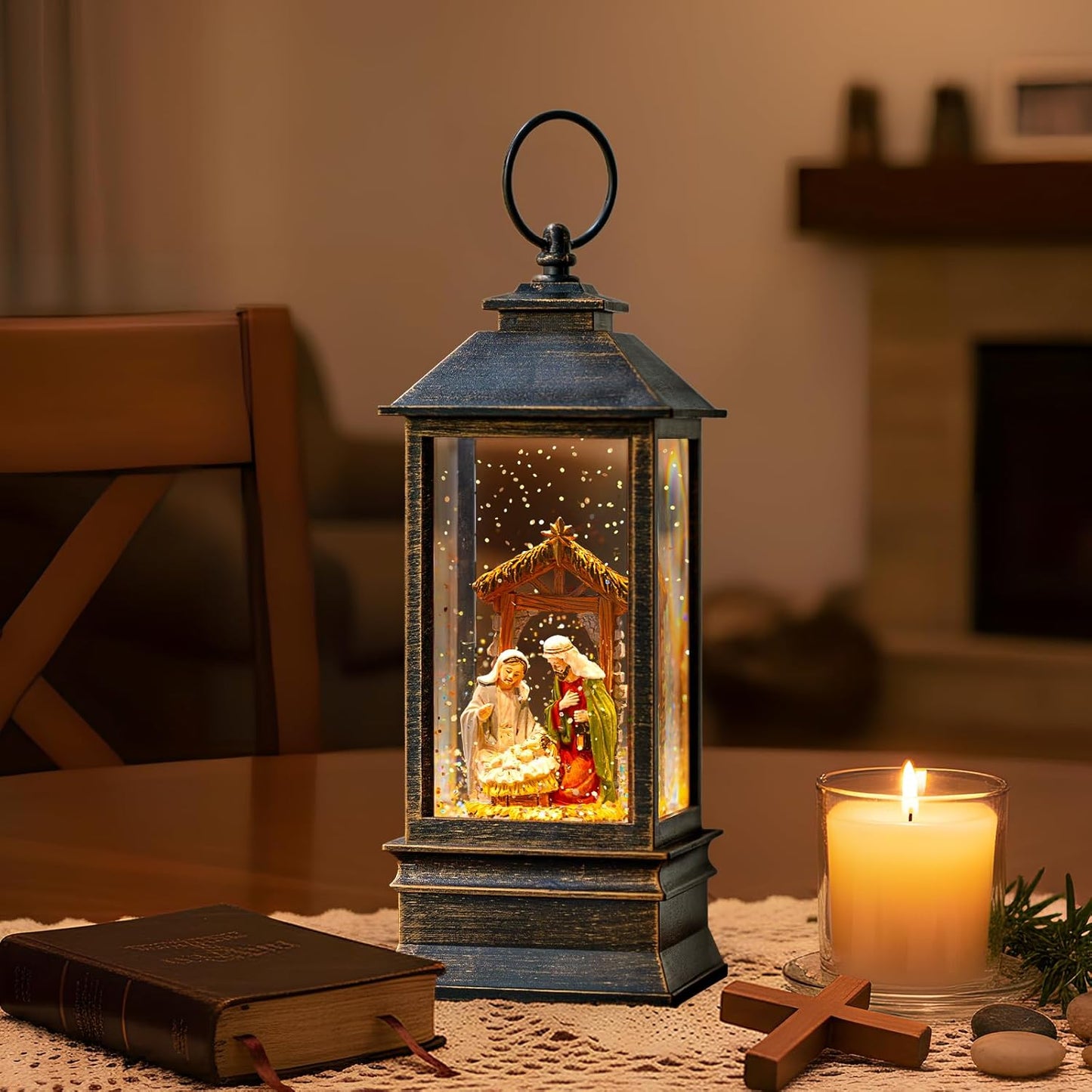 10'' Musical Snow Globe Lantern Lighted Nativity Manger Scene Water Lantern Swirling Glittering Home Decoration and Gift, Battery Operated or USB Powered