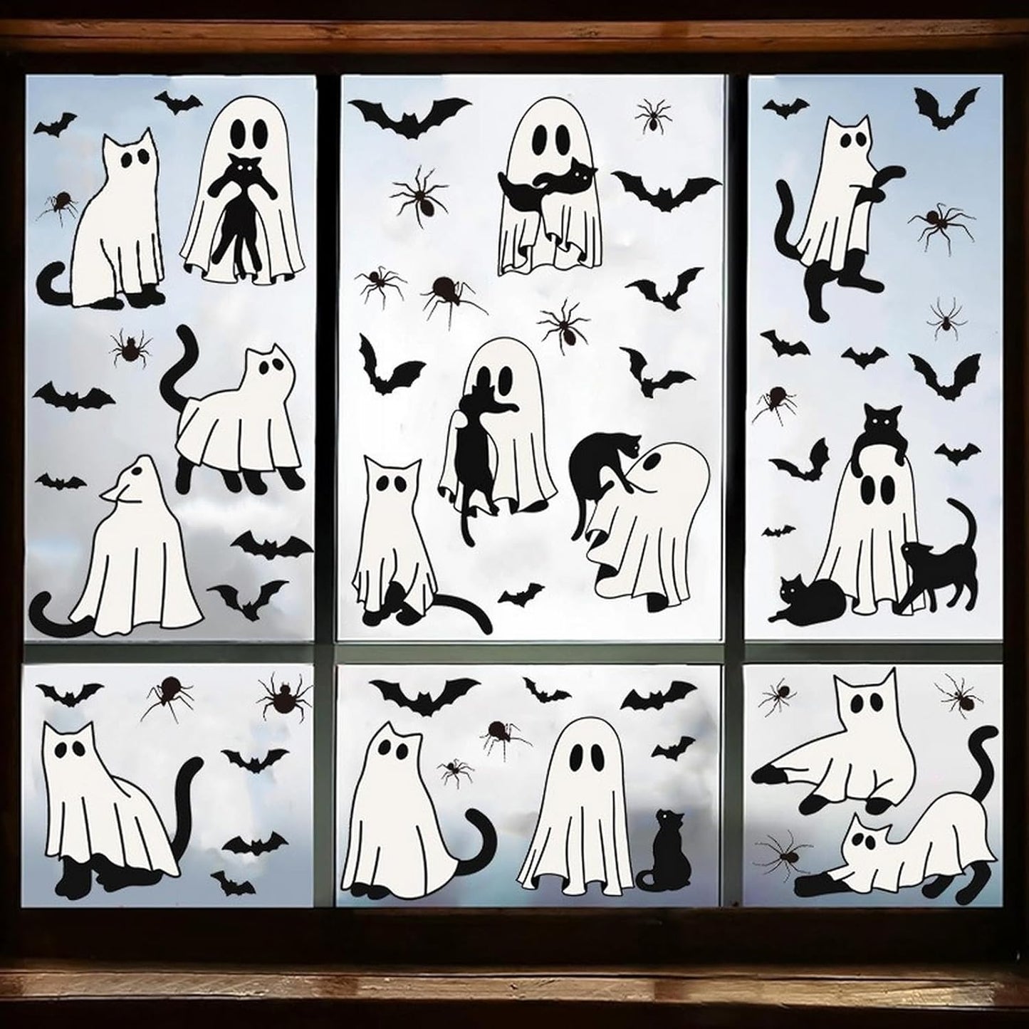 Halloween Ghost Window Clings for Glass 6 Sheets Cute Window Decals Spooky Window Stickers Cat Spider Reusable Windows Cling for Halloween Fall Party Home School Office Glass Supplies Decorations
