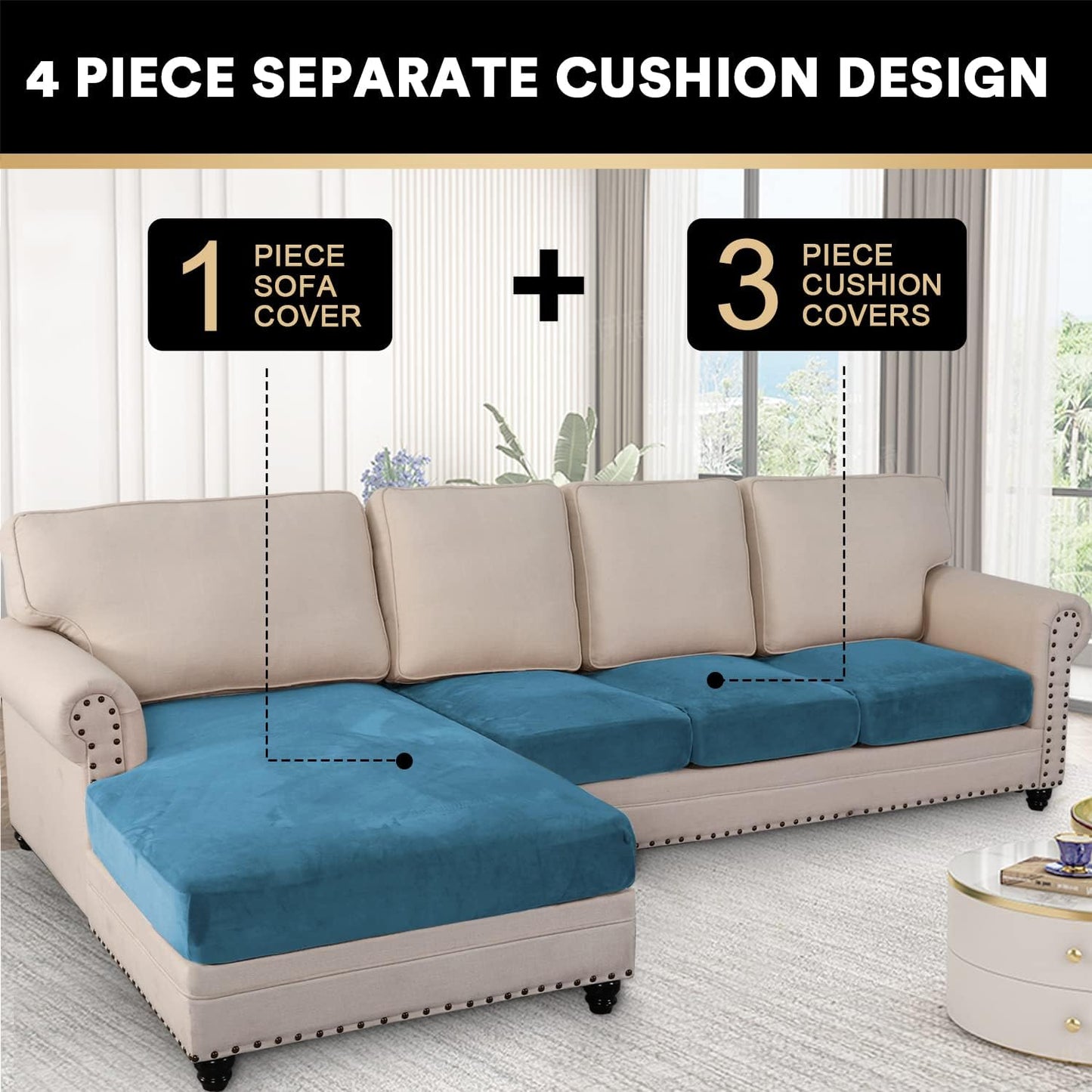 PrinceDeco Velvet Sectional Couch Covers, 4 Pieces, L Shape, Blue, 3 Seater + 1 Chaise
