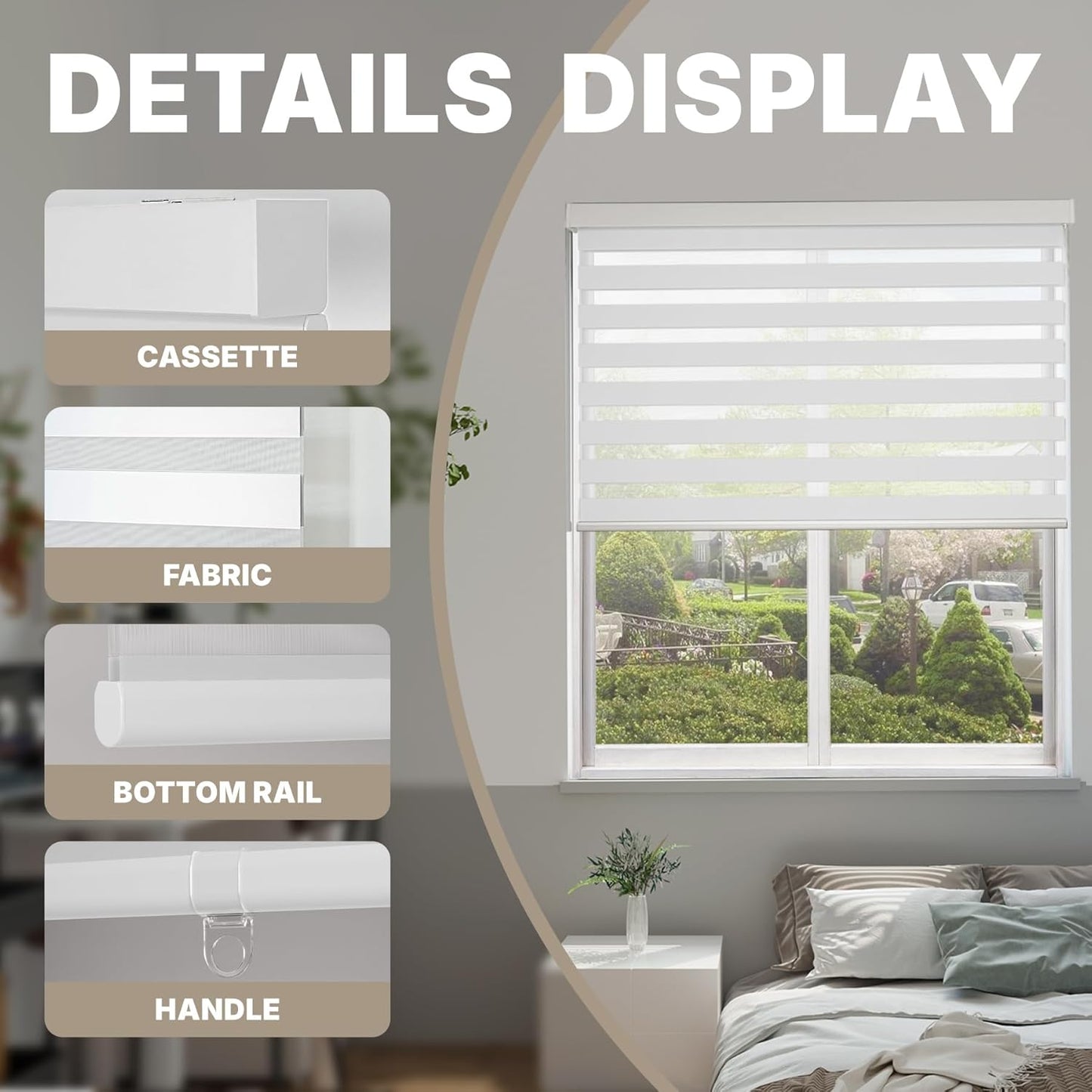 HESTIA Cordless Zebra Blinds Light Filtering Roller Shades Blackout Indoor Window Blind for Home Office,White,46" W x 54" H