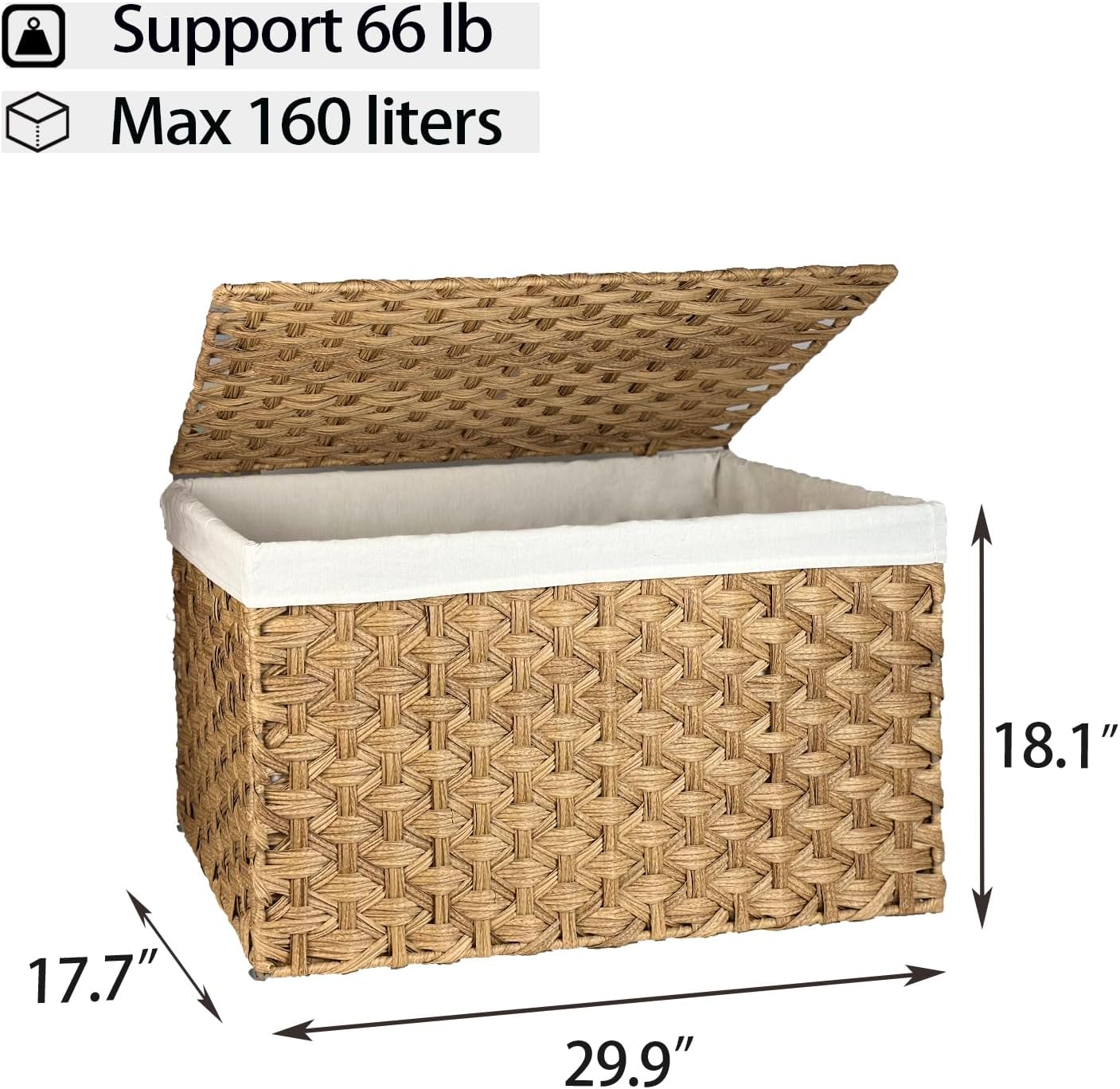 Wicker Storage Basket with Lid, 42.3 Gallon (160L) Large Blanket Basket with Lid, Woven Storage Bin with Handles, Removable Liner, Metal Frame, Foldable, for Bedroom, Laundry Room, Natural