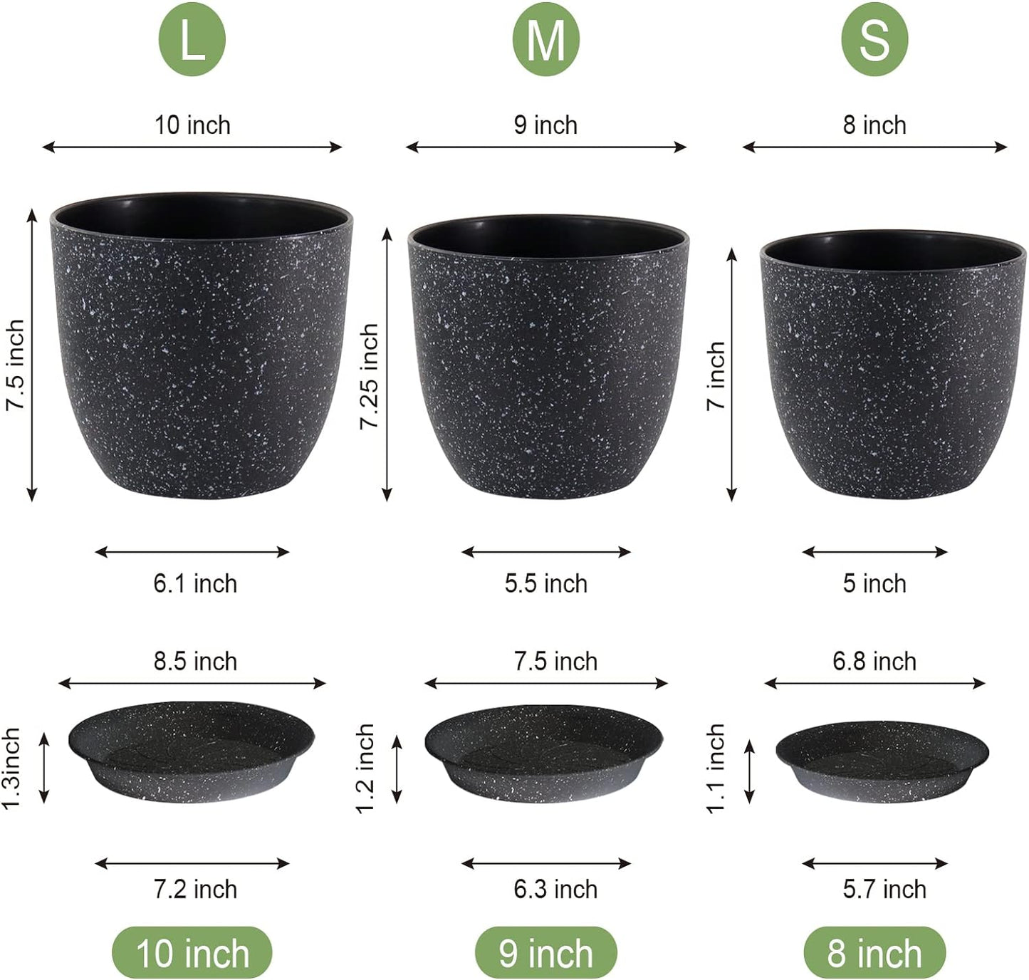 Plant Pots 10/9/8 inch, Set of 3 Modern Decorative Plastic Planters with Drainage Holes and Saucers for Garden House Plants, Flower Pots for Indoor Outdoor Plants, Speckled Black
