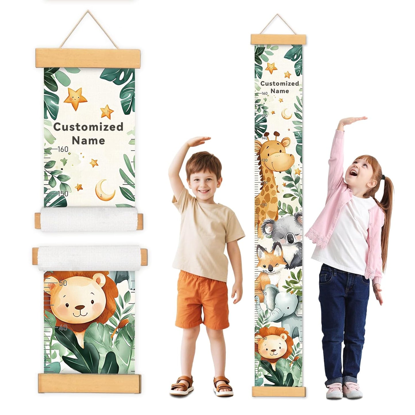 Personalized Name Growth Chart Wall Decor for Kids – Canvas Removable Height Chart Measuring Ruler 59" x 7.9" (Cute Animals)