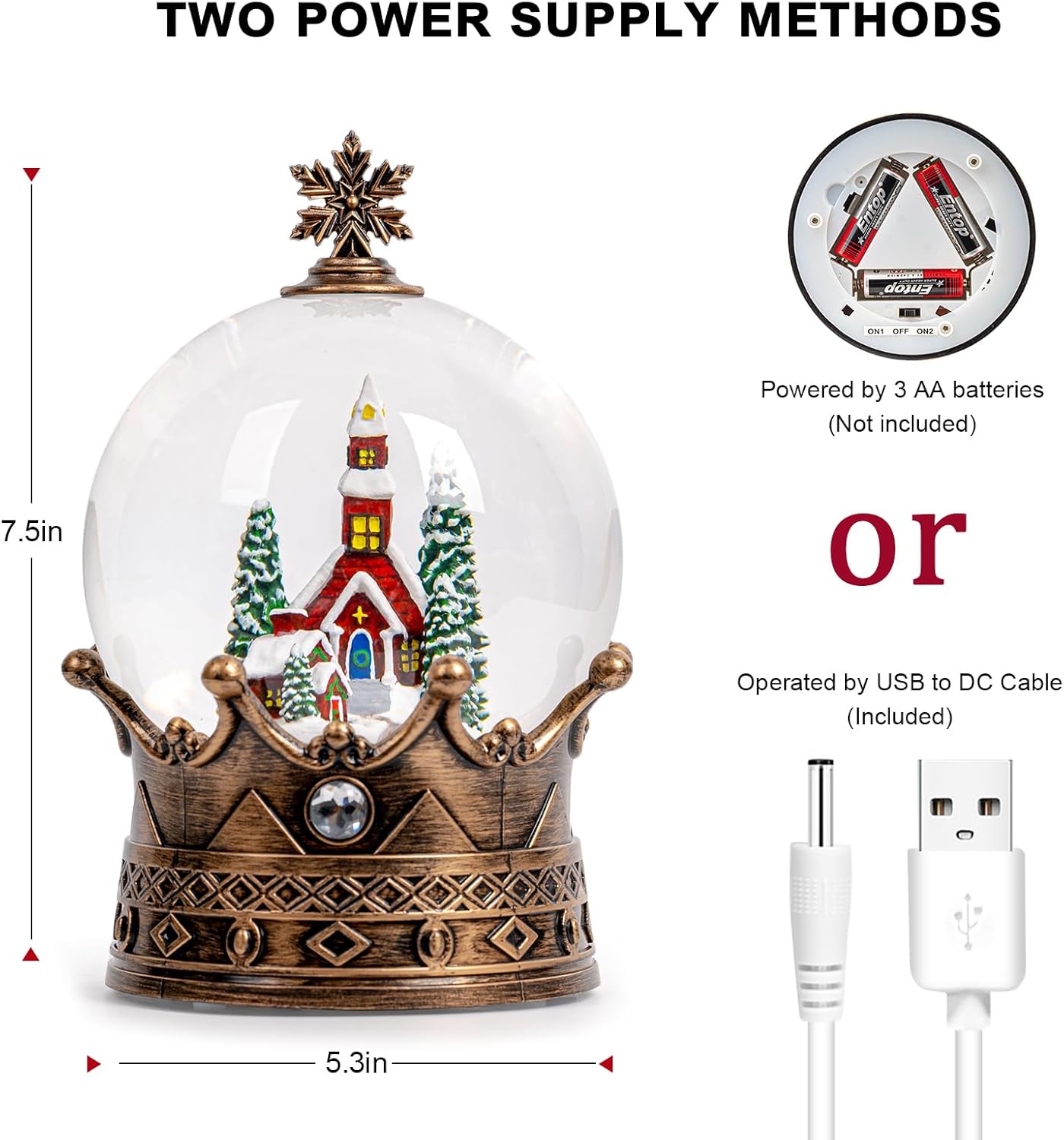 Christmas Snow Globe Lantern Water Glittering Churche Crown with Music, USB Lined/Battery Operated Lighted Lantern for Christmas Festival Decoration Gifts