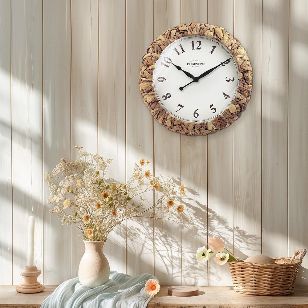 Presentime & Co. Farmhouse Series, Rustic Woven Clock, 14 inch, Natural Woven Water Hyacinth/Sea Grass. Wall Sculpture, Wall Art and Timepiece for Home Decoration/Decoration/Farmhouse Décor