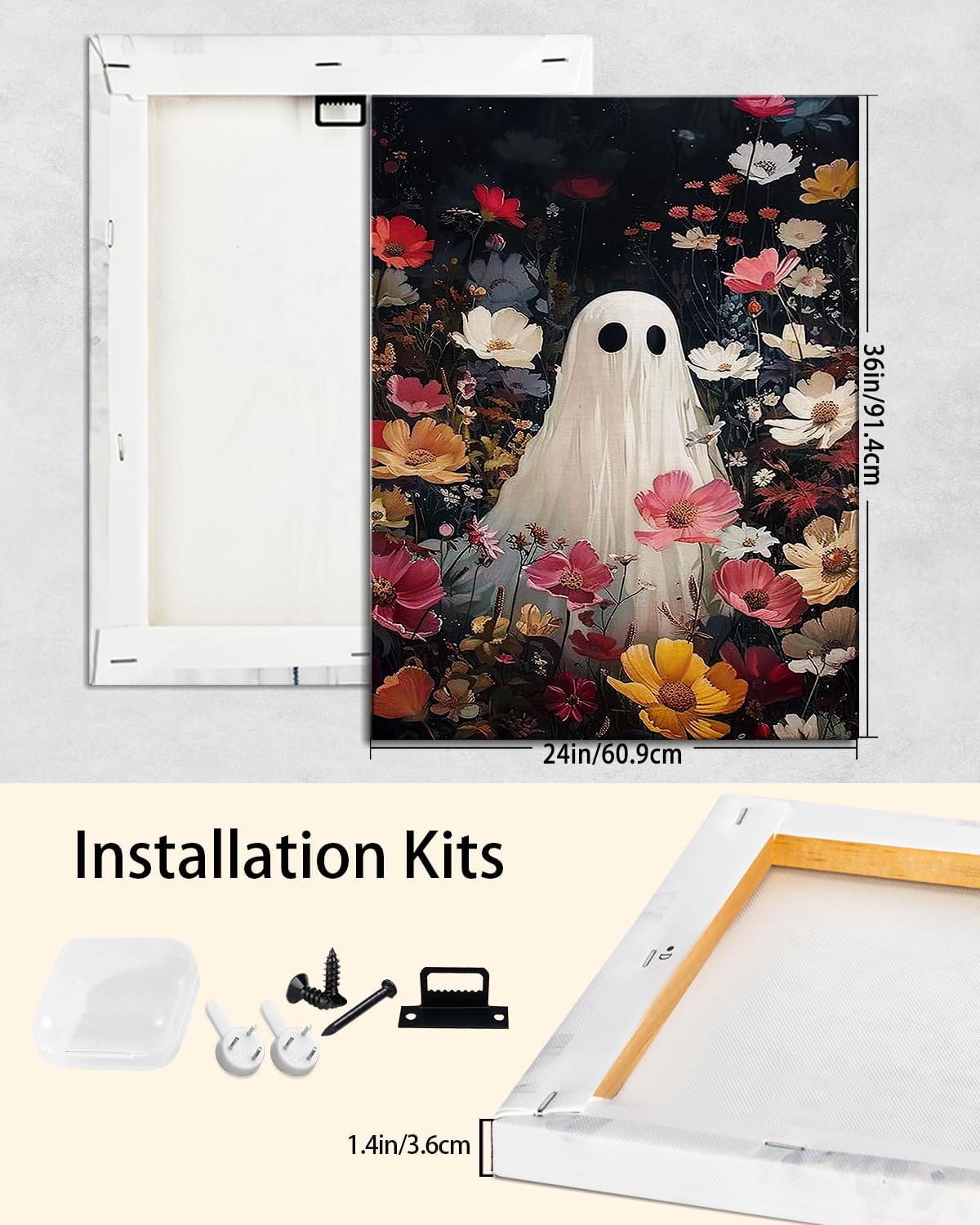 Halloween Canvas Wall Art,Vintage Cute Ghost & Wildflowers Framed Poster, Spooky Fall Decorations for Indoor, Gothic Dark Academia Wall Decor, Funny Halloween Decorations for Living Room Bedroom