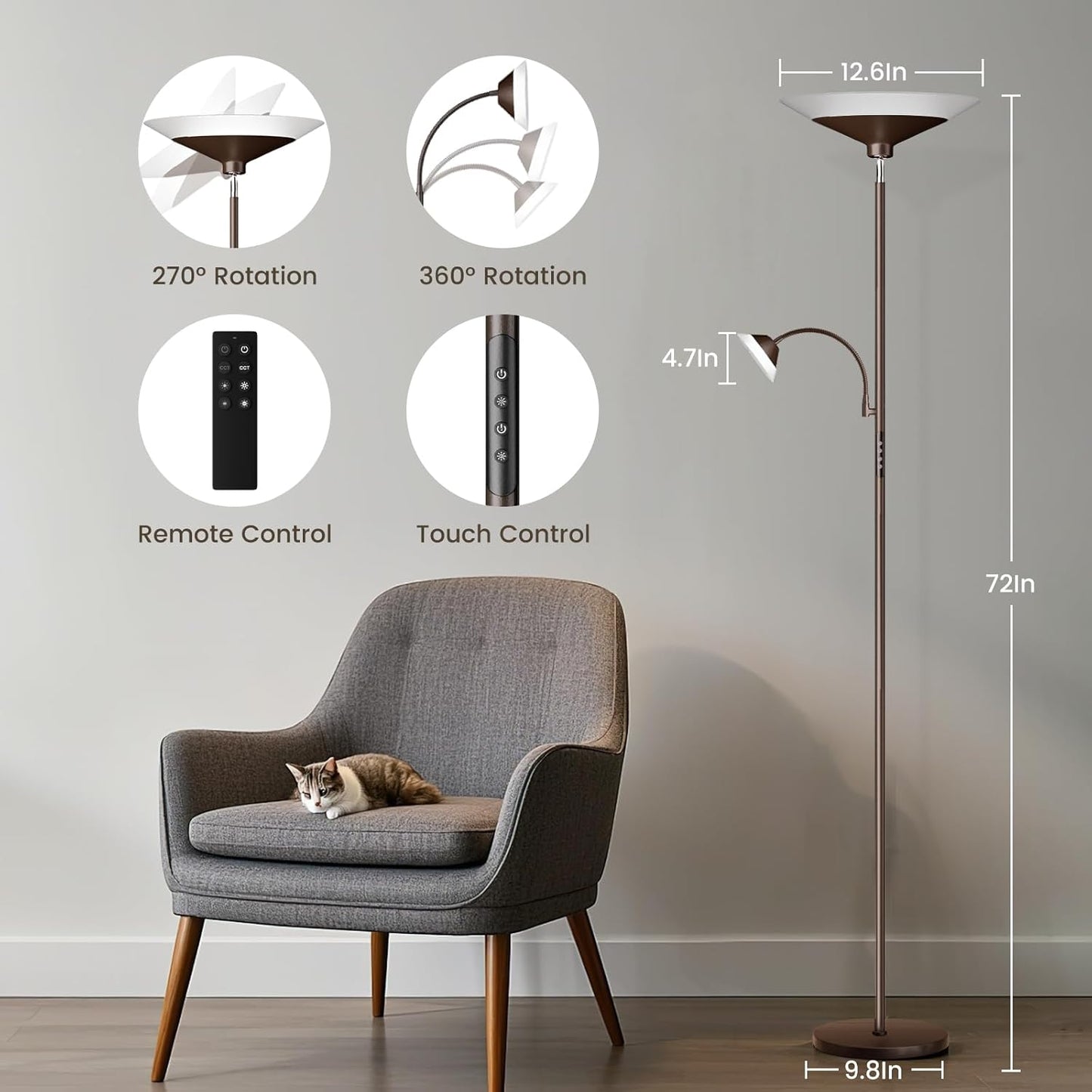 Brown Torchiere LED Floor Lamp - 72" Rotating Standing Lamp with Remote, 34W Dimmable Floor Light with Color Changing, Tall Bright Corner Lamp for Reading Living Room Bedroom Office