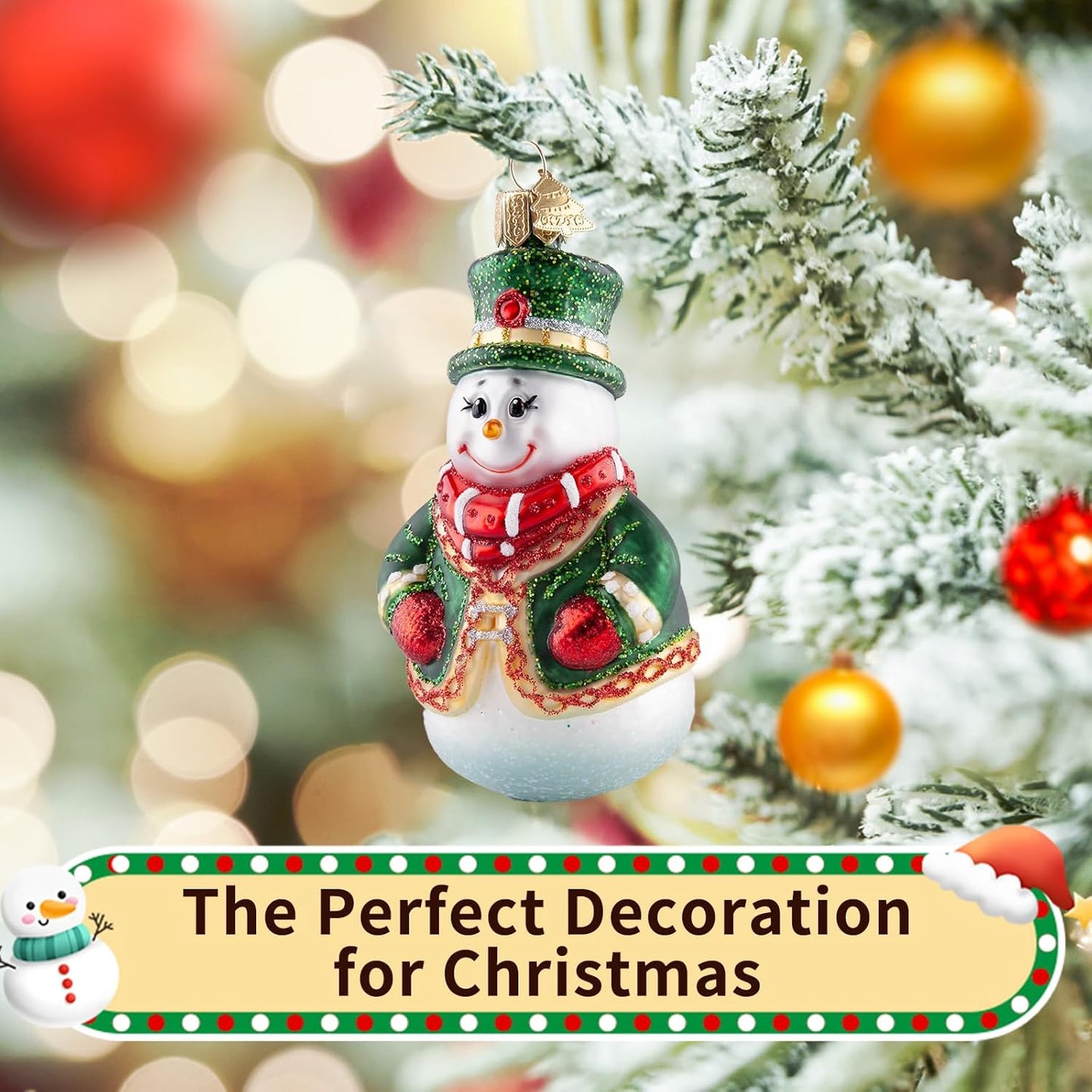 Snowman Christmas Tree Ornaments,Hand-Blown Glass Ornaments for Christmas Tree,Top Hat Collection Figurine Hanging Ornament,Christmas Decorations for Snowman Lovers Holiday Party Gifts