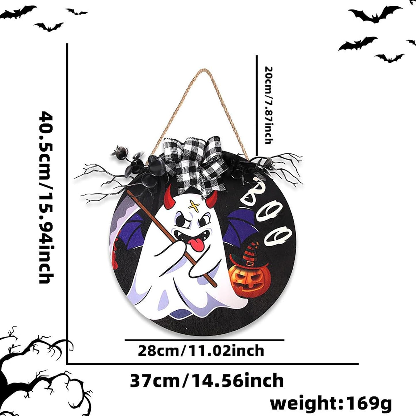 Cute Halloween Round Wooden Plaque Funny Ghost Outdoor Hanging Sign Decoration Halloween Wreaths Art for Home Wall Decor Halloween Courtyard Party Outdoor Indoor Supply Gifts