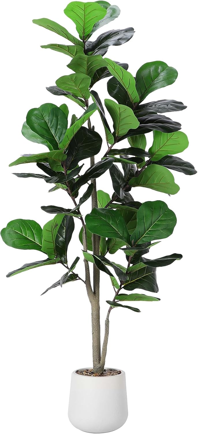 Artificial Fiddle Leaf Tree, 5ft Faux Plant Fake Ficus Lyrata Silk Trees with White Planter, Artificial Fig Trees Floor Plants for House Office Living Room Indoor Home Decor, Housewarming Gift