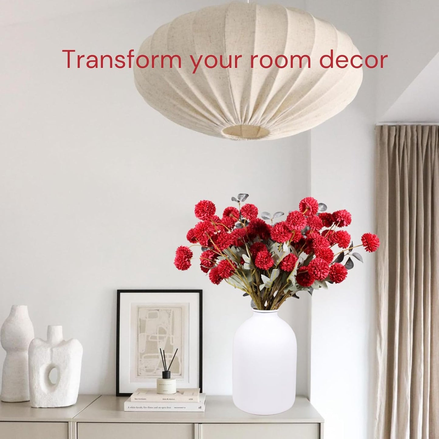 Burgundy Flowers, Maroon Artificial 10 Long Stems + Eucalyptus, Wine Colored Silk Flowers for Burgundy Decor, Fall Table Centerpieces, Dark Red Faux Mums, Thanksgiving Centerpieces For Tables