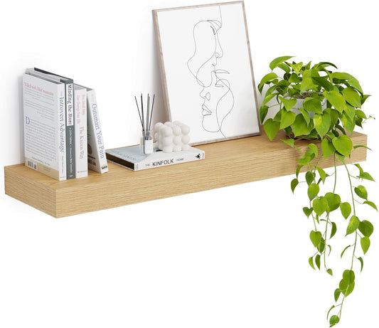 Heimlove 12" Deep Floating Shelves, 36 x 12 Inch Wall Mounted Long Floating Shelf with Invisible Brackets, for Home Decor, Bedroom, Kitchen, Living Room, Bathroom - 1 Pack, Oak