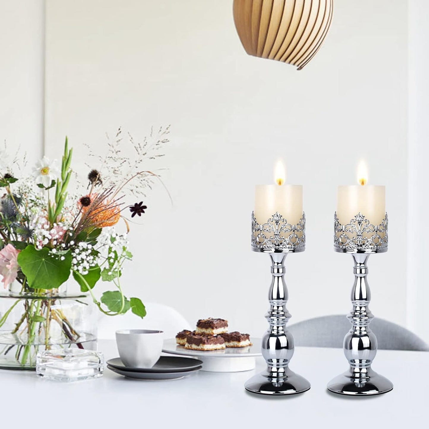 Candle Holders for Pillar Candles Gothic Matte Black Vintage Tall Candle Holders Set of 2 Decorative Large Table Centerpieces Candle Stand Decor (Silver 2PCS A)