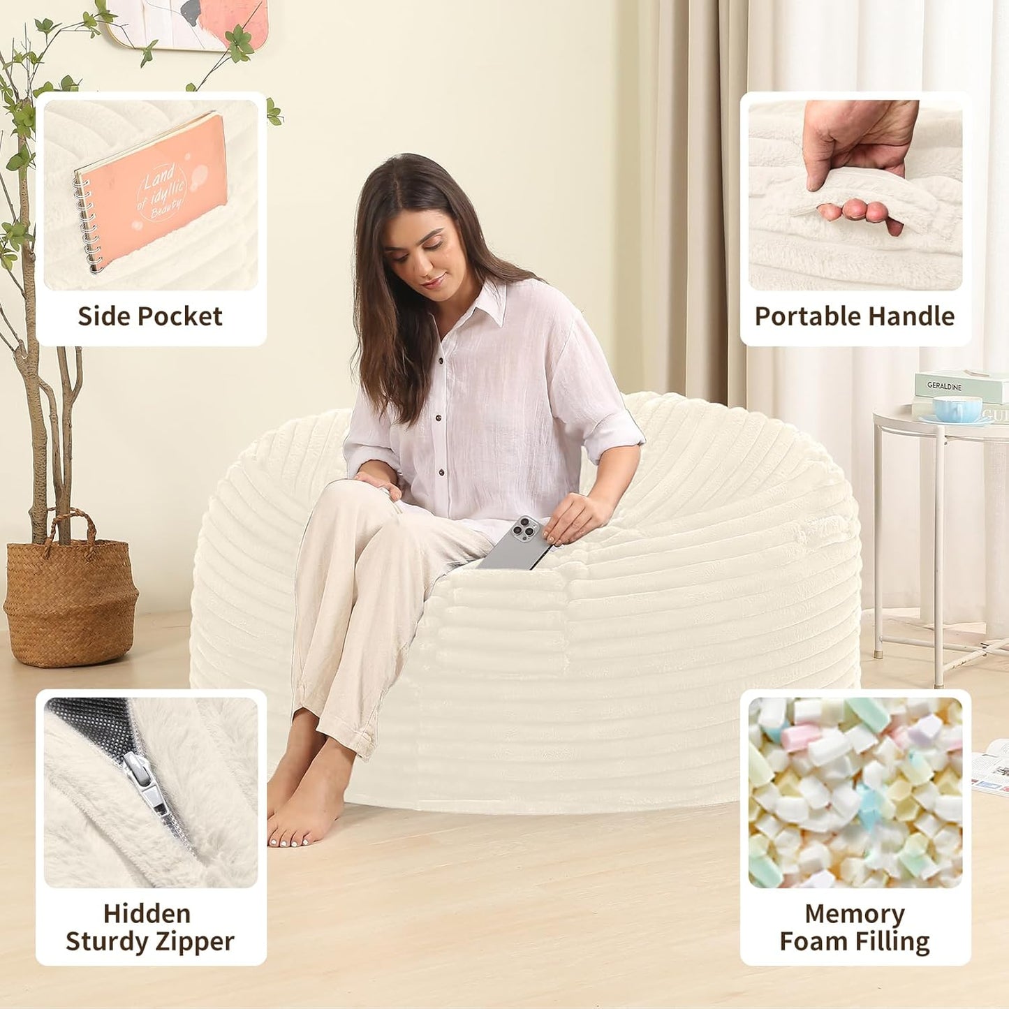 Memory Foam Bean Bag Chair for Adults/Teens, Bean Bag Sofa with Fluffy Removable Cover, for Living Room Bedroom, 4FT White