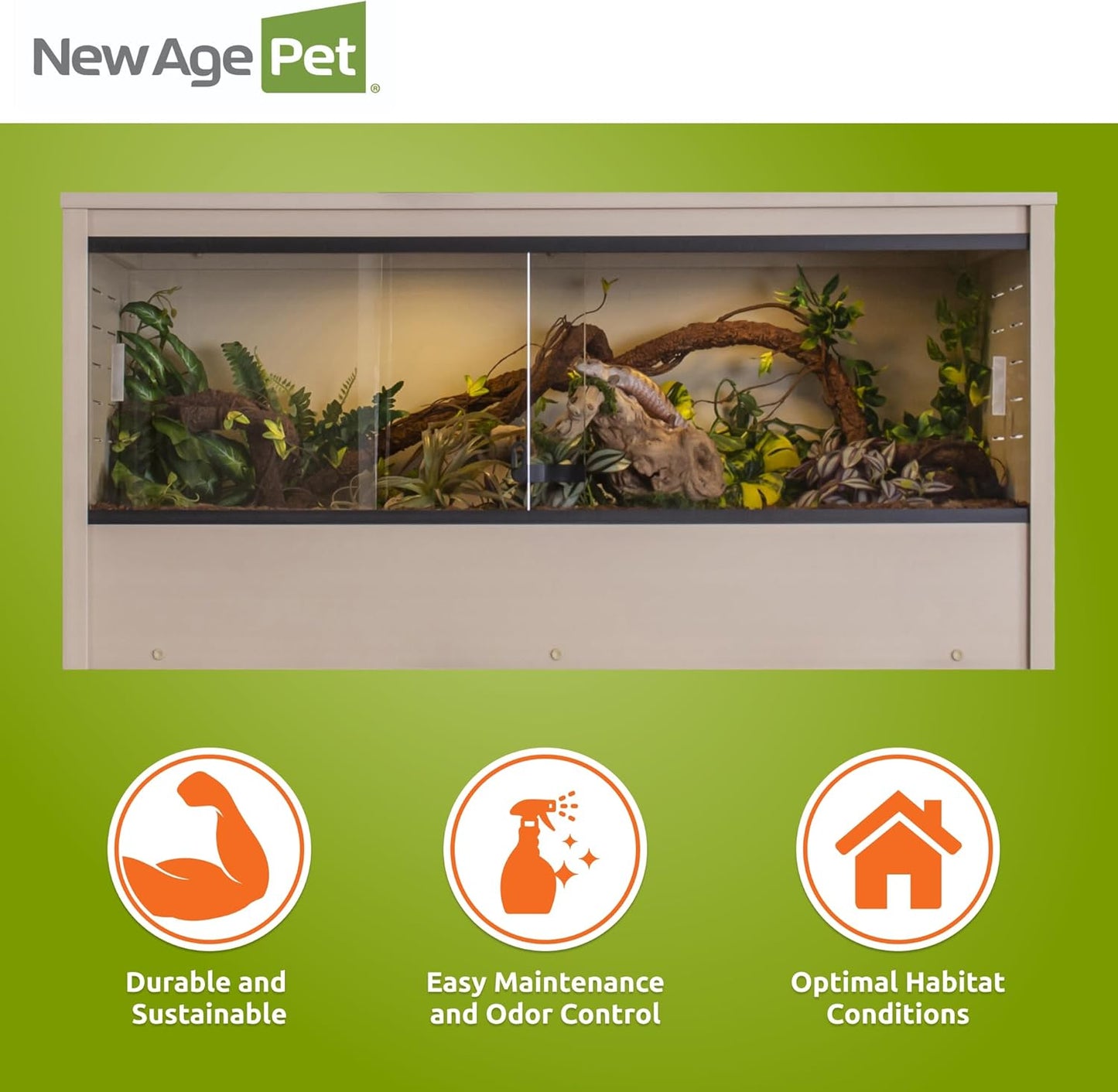 New Age Pet ECOFLEX 48" Mojave Reptile Lounge -Durable Wood Plastic Composite Habitat with Ventilation, Removable Glass Doors & Lock, Easy Assembly, for Tortoises, Snakes, Iguanas