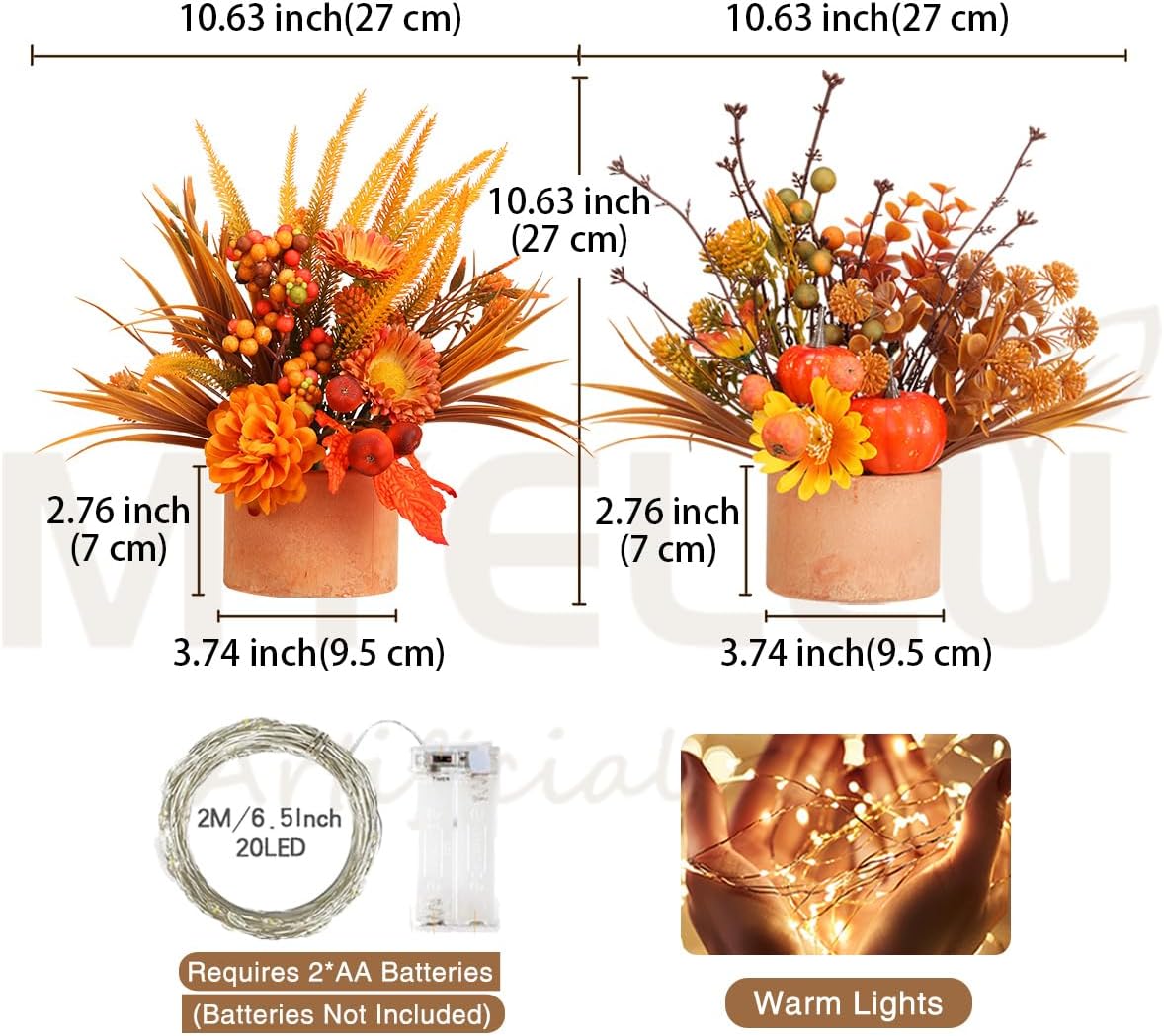 Thanksgiving Centerpiece Fall Table Flower - 2 Pack Lighted Realistic Artificial Table Plant with Western Modern Boho Rustic Aesthetic Bouquet Fall Decor Gift for Home Farmhouse