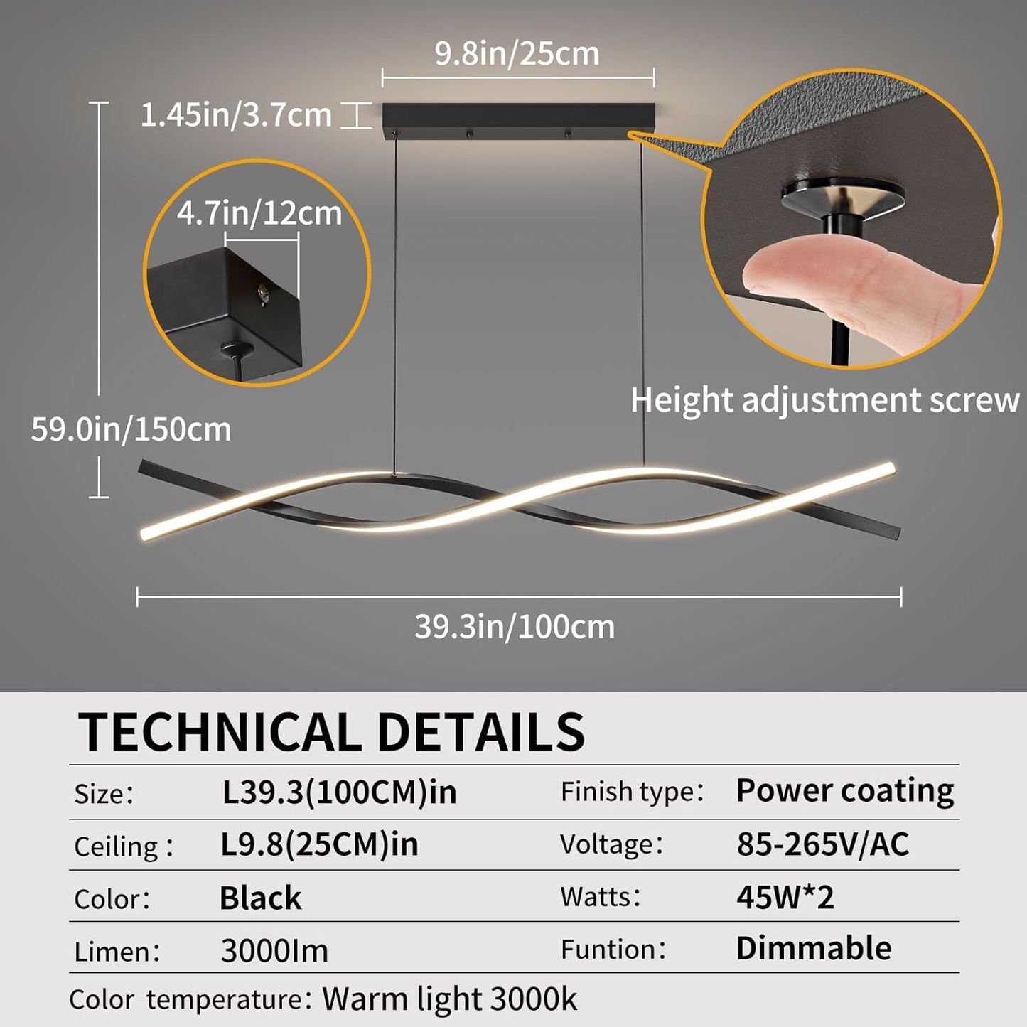 Modern Ceiling Pendant Light, Dimmable LED Pendant Light, Dimmable 3 Color Mode Chandelier for Living Room, Dining Room, Kitchen, Bedroom,Bar(Black, 39IN)