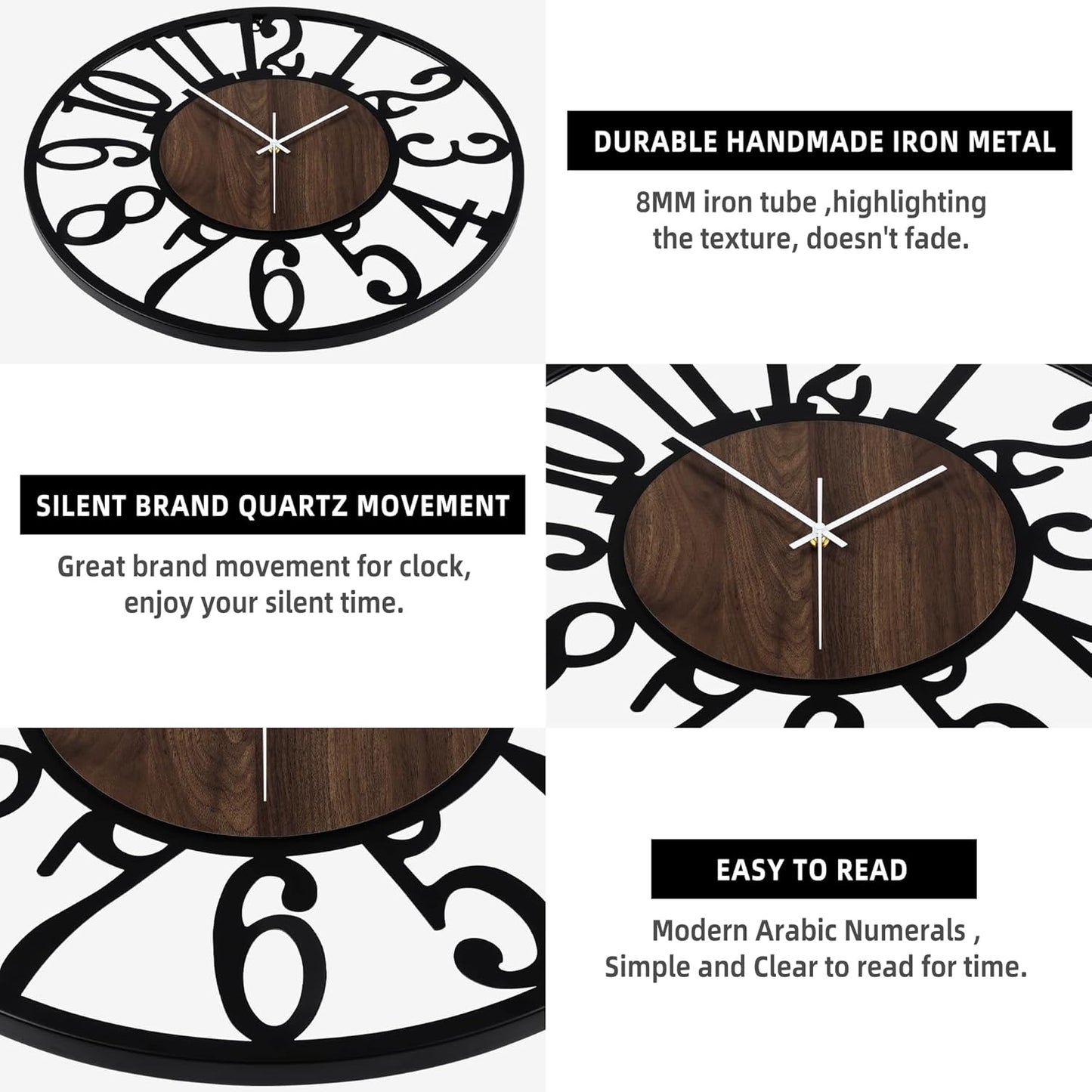 LEIKE 30" Oversized Large Wall Clocks,Silent,Non Ticking,Battery Operated Modern Round Big Wood Decorative Metal Wall Clock for Living Room, Bedroom,Kitchen,Farmhouse,Office Decor - Black,30 Inch