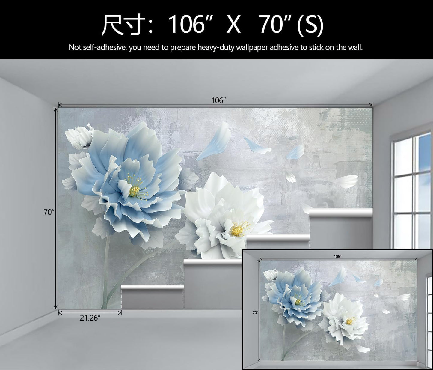 WFBHUA-Blue Floral Wallpaper Mural Modern Peony Flower Wallpaper Large 3D Art Living Room Bedroom Bathroom Wall Mural Decor (Not Peel and Stick)