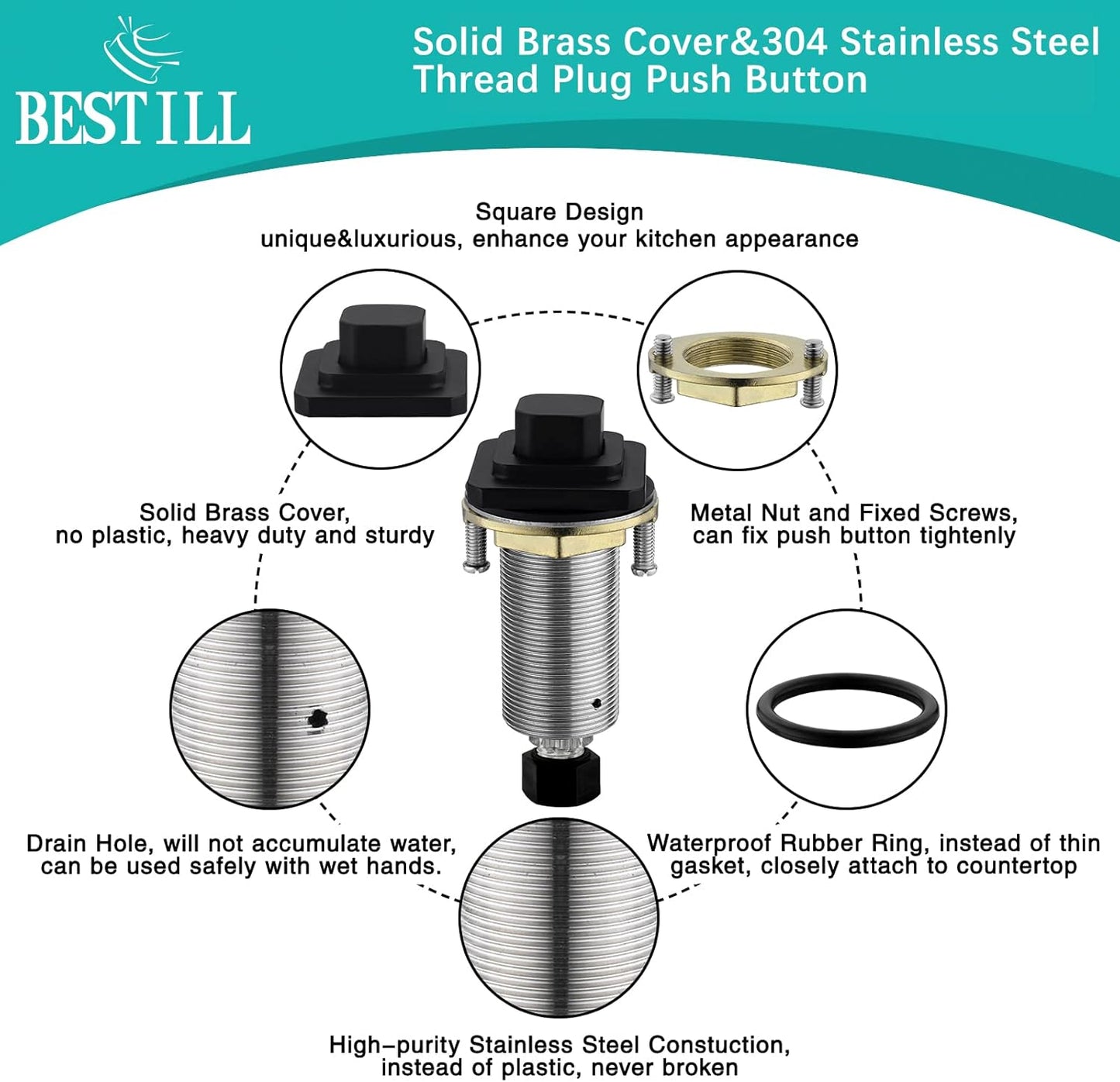 BESTILL Garbage Disposal Air Switch Kit, Square Raised Push Button Ideal for Long Nails, Cordless Sink Top Brass Switch for Food Waste Disposer, Matte Black, Compatible with all Garbage Disposals