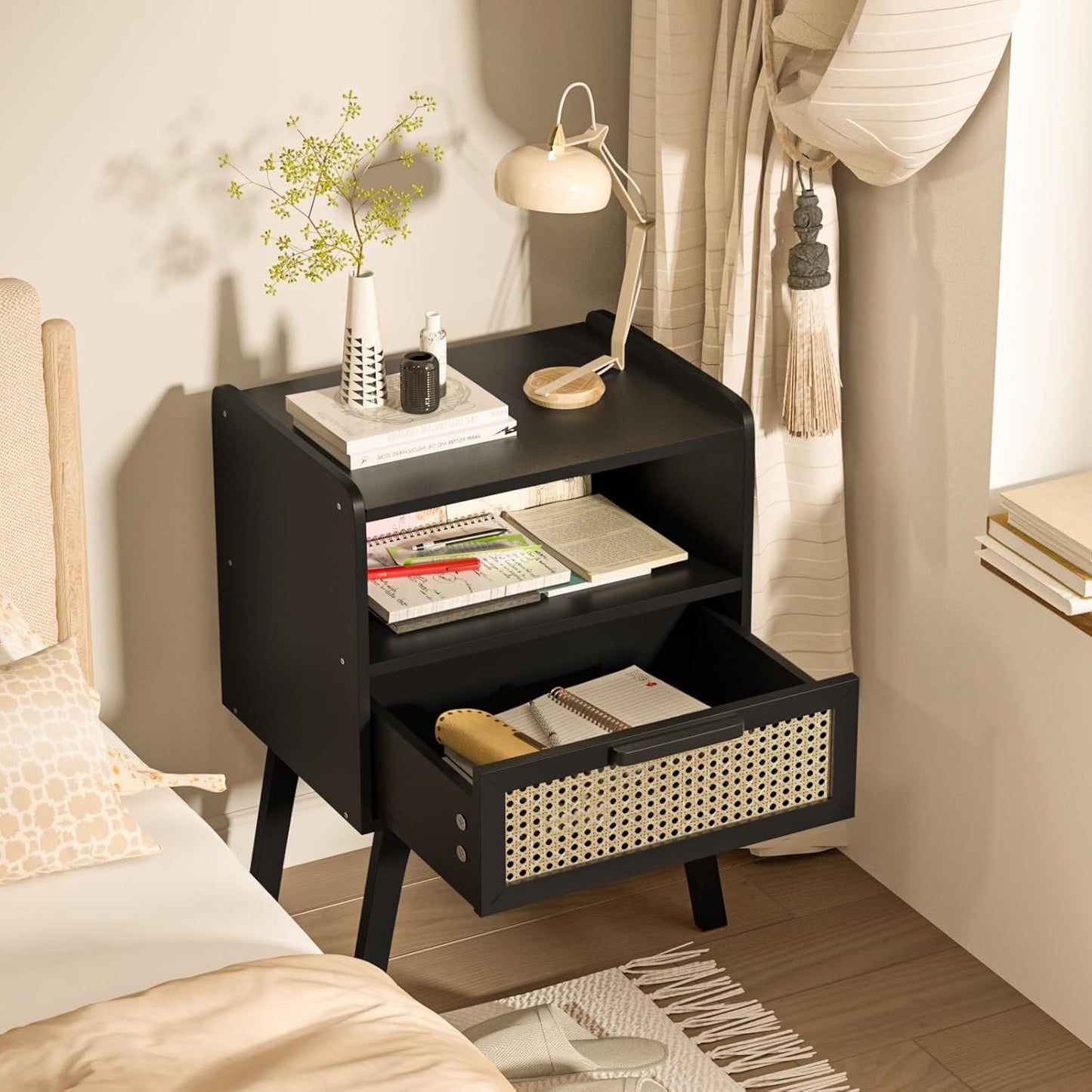 Lerliuo Rattan Nightstand, Bedside Table with Drawer Open Shelf, Cane Accent Side End Table with Solid Wood Legs, Black Mid Century Night Stand for Bedroom, Dorm and Small Spaces