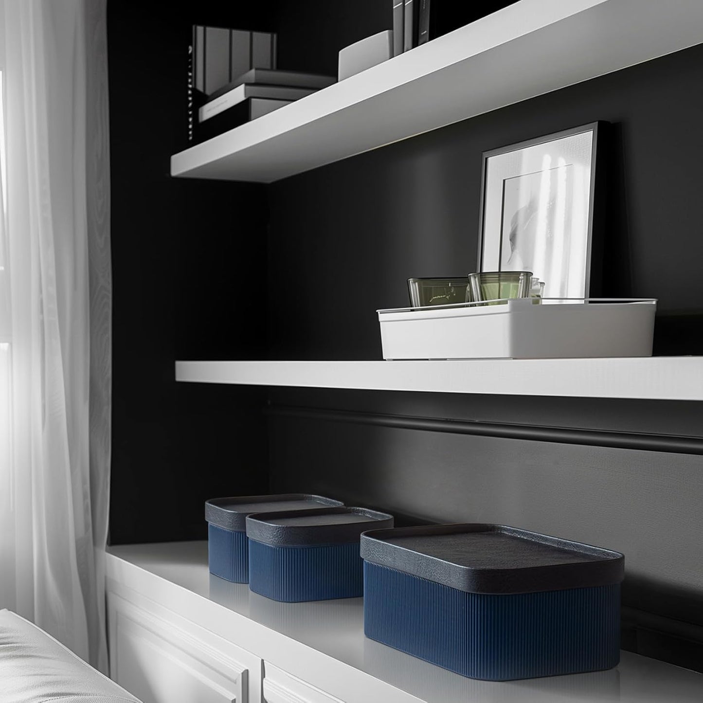 La Jolie Maison Fluted Cardboard Storage Baskets with Vegan Leather Lids, Sturdy Stackable Paper Boxes Decorative Tray, Basket Organizer Bins for Bathroom Bedroom Organizing, Navy Blue, Set of 3