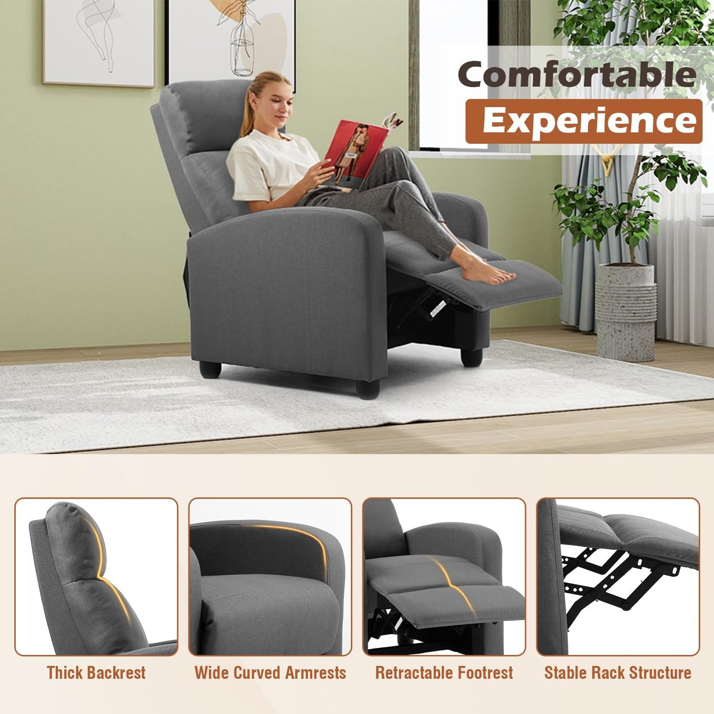 BestMassage | Recliner Chair | No Massage Function | Textile Grey | with Lumbar Support, Adjustable Push Back, Wide Armrests, Footrest & Padded Seat | Easy Assembly | for Living Room, Home Theatre