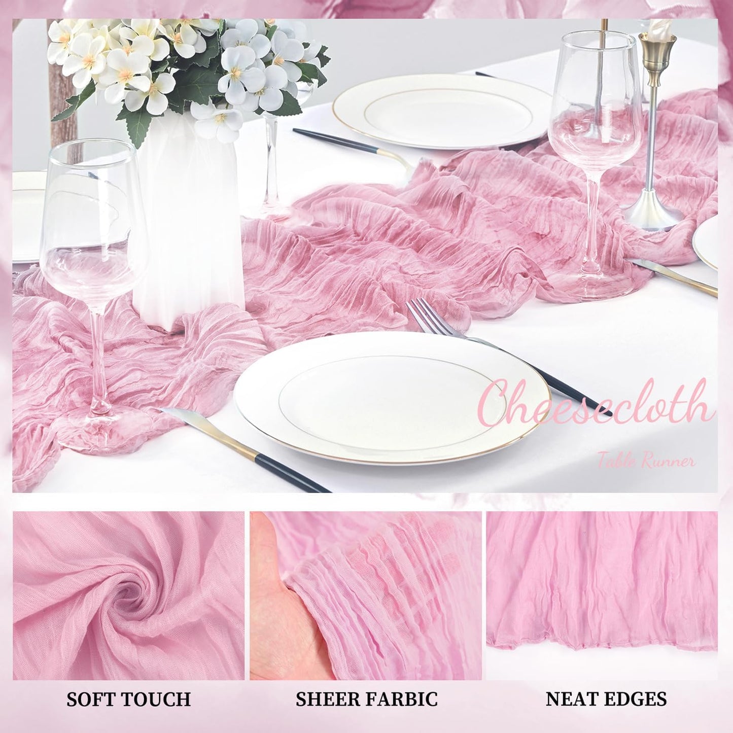 Light Pink Cheesecloth Table Runner 12 Pack 10FT Rustic Gauze Fabric Cheese Cloth Table Runner for Wedding 20 x 120 Inch Long Bridal Baby Shower Table Decorations Boho Sheer Birthday Party Table Decor