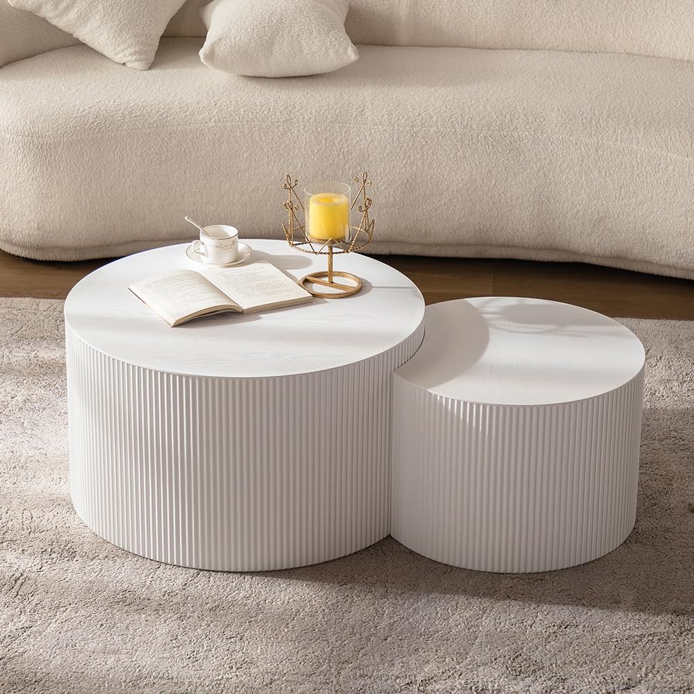 Round Nesting Coffee Table White Round Fluted Coffee Table Set of 2 for Living Room Small Circle Drum Coffee Tables Crescent End Table (White A 27in)