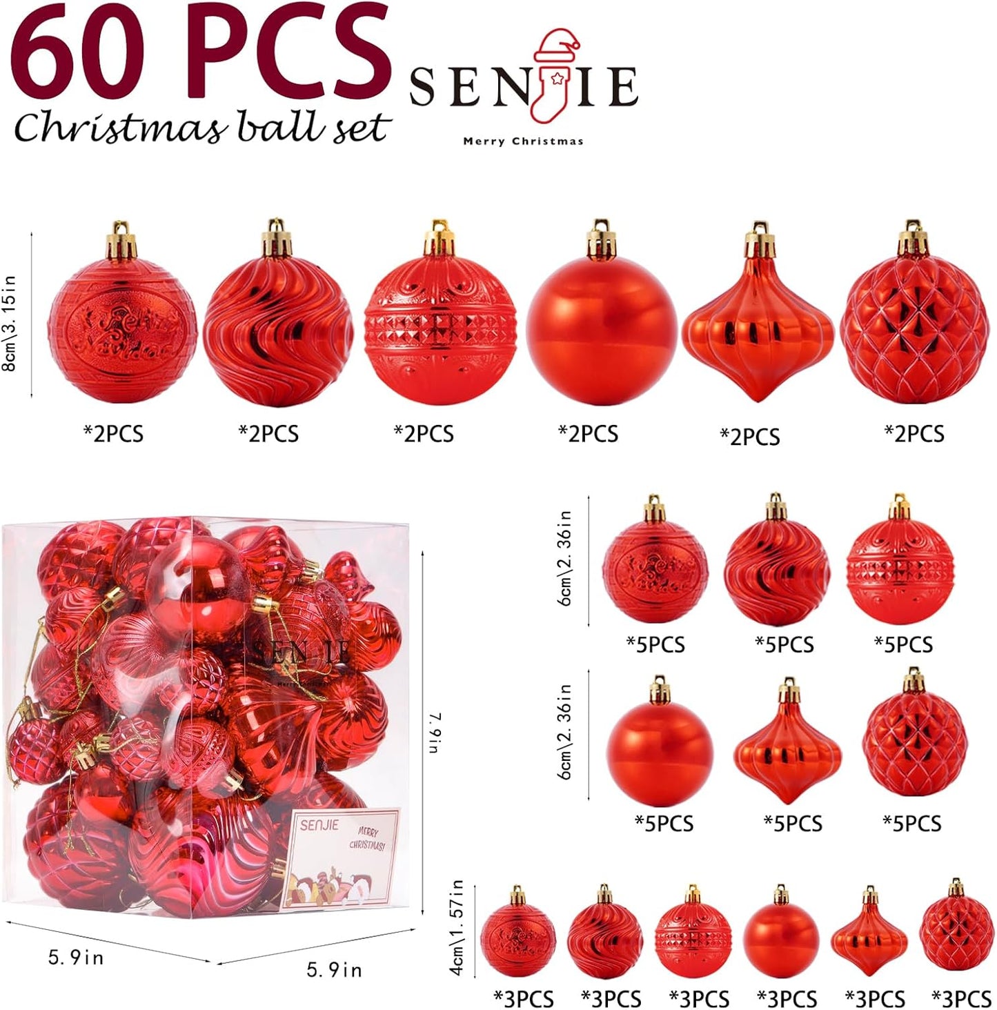 Christmas Ornaments Set with 60pcs Shatterproof Christmas Tree Decorations Multi-Size Christmas Ball Ornaments with 7 Styles Red