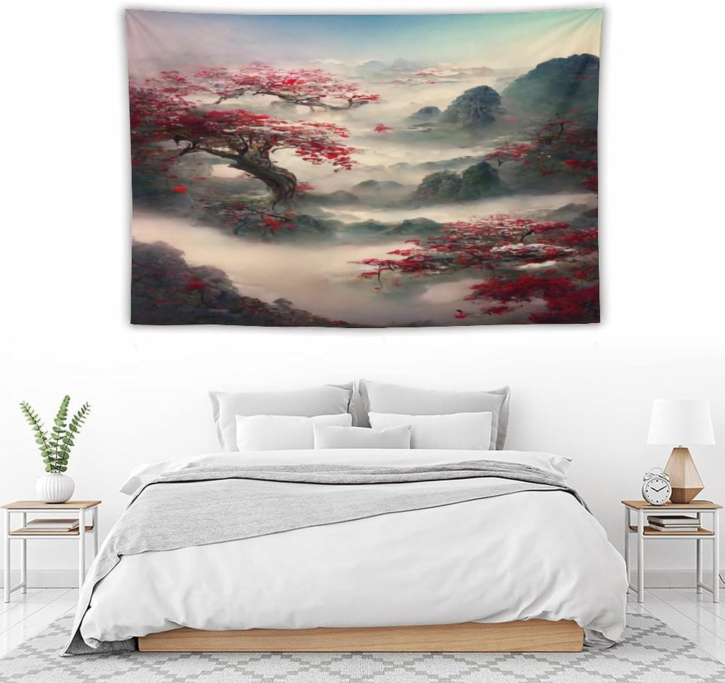 Japanese Tapestry, Red Plum Cherry Blossom Mountain Tapestry, Asian Japanese Wall Tapestry, Nature Landscape Tapestries for Bedroom Living Room Decor 90"x60"