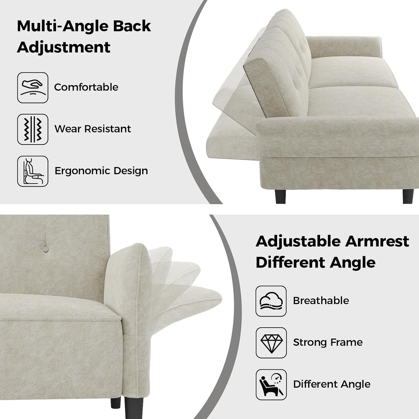 89” Futon Sofa Bed, Comfy Futon Couch Bed with 2 Square Pillows, Convertible Sleeper Sofa with Adjustable Backrest& Armrests, Modern Loveseat Sleeper for Living Room, Bedroom, White