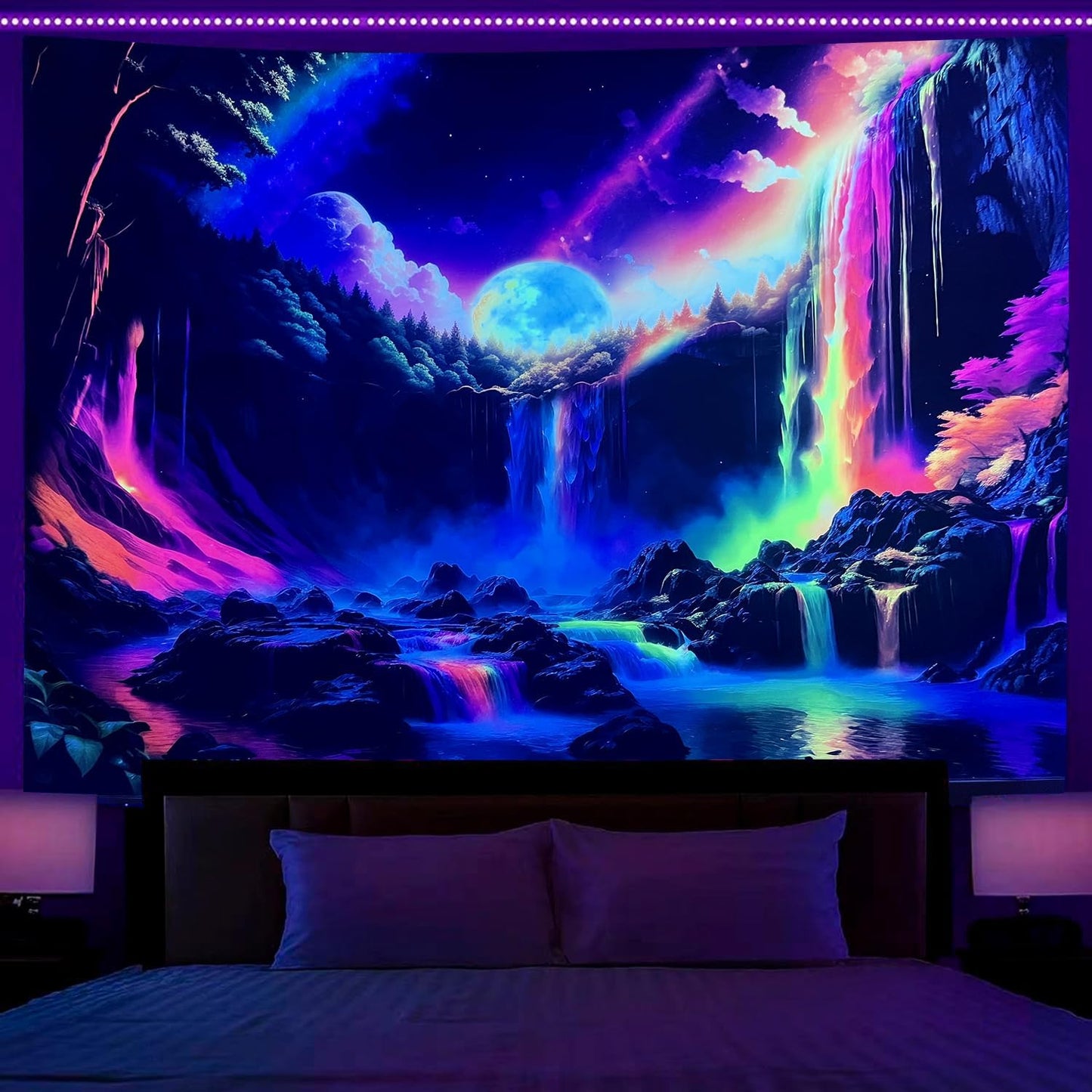 OSVINO Blacklight Rainbow Waterfall Tapestry 79"x59" UV Reactive Trippy Wall Hanging Rainbow Aesthetic Waterfall Wall Posters Bedroom Spiritual Room Decor
