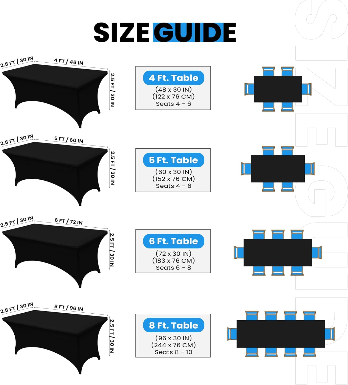 Utopia Kitchen 8FT Spandex Tablecloth [10 Pack, Black] 200 GSM Stretch, Fitted, Washable and Wrinkle Resistant Table Cloth Rectangle Cover for Trade Shows, Wedding, Parties [96Lx30Wx30H Inch]