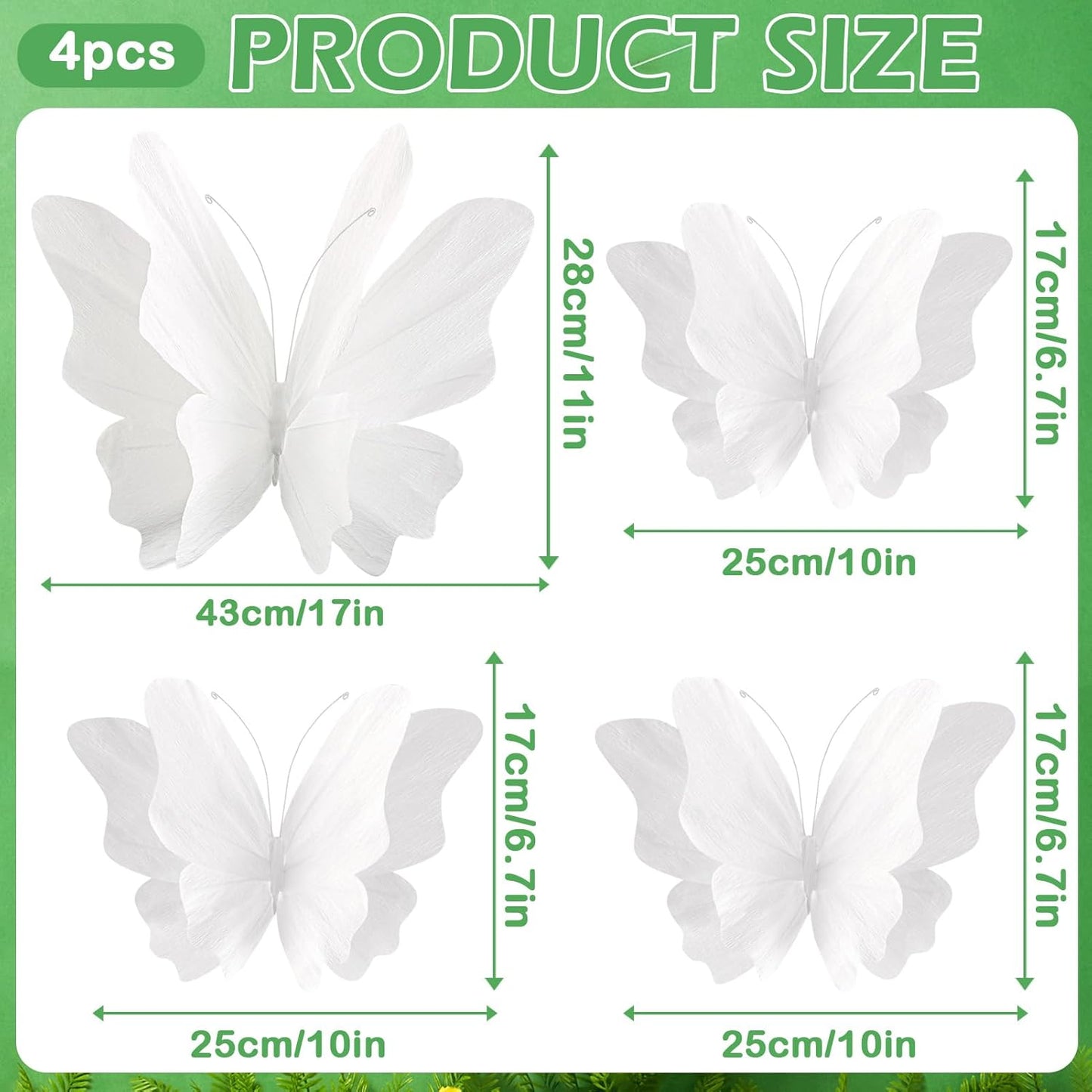 SUNBEAUTY Large Butterfly Party Decorations, 3D White Paper Butterflies Wedding Decoration, Hanging Butterflies for Baby Shower Decorations Girls, Women, Paper Flowers for Wall Decoration, Set of 4