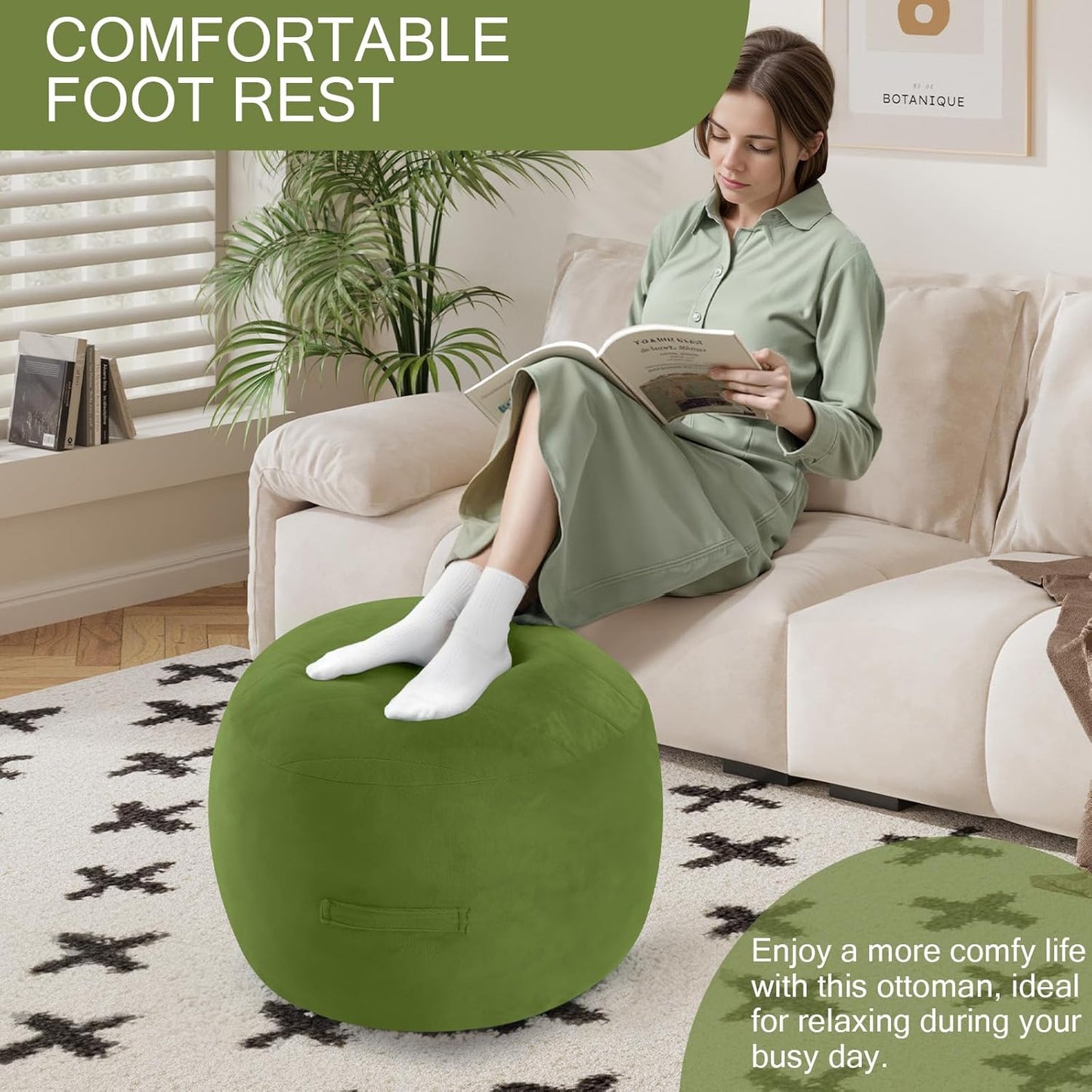 MeMoreCool Round Stuffed Pouf Ottoman Foot Rest, Floor Pouf Foot Stool with Soft Foam Chunk Filling, Small Round Ottoman Footstool Circle Footrest for Living Room, Green