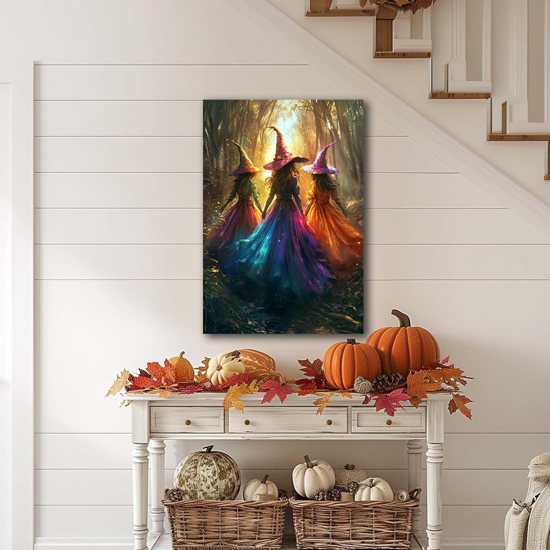 Halloween Room Decor Wall Art Colorful Witch Prints,Vintage Three Colorful Witches in Forest Halloween Posters,Fall Fantasy Aesthetic Pictures Playful Art Wall Decor for Bedroom,20"x30" Framed