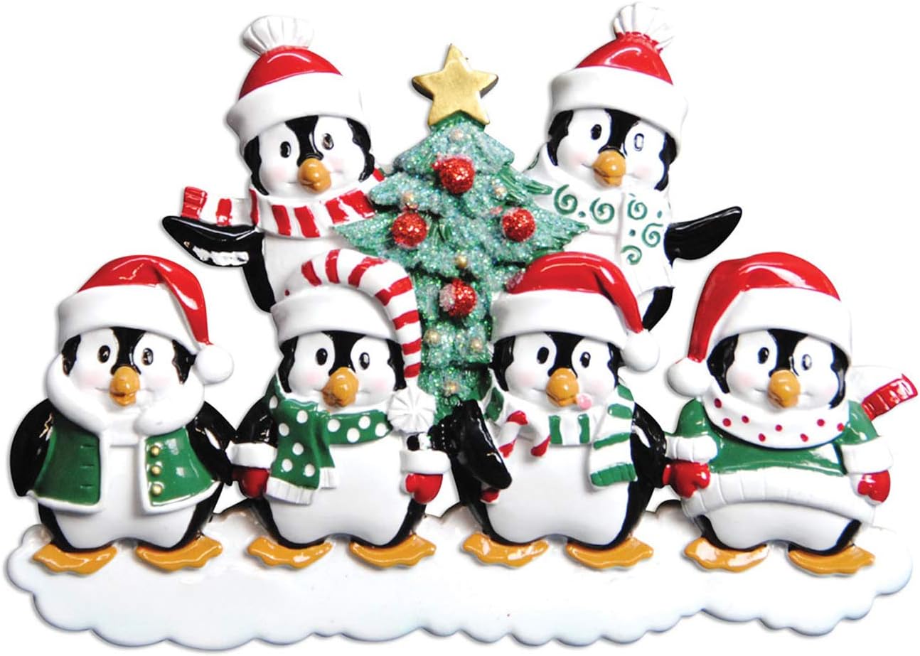 3D Penguin Family of 6 Ornament 2025 Personalized Family Christmas Ornaments 2025 | Snowy Xmas Tree Holiday Penguins Personalized Tree Ornaments for Grandchildren Siblings & Grandkids of Six Ornament