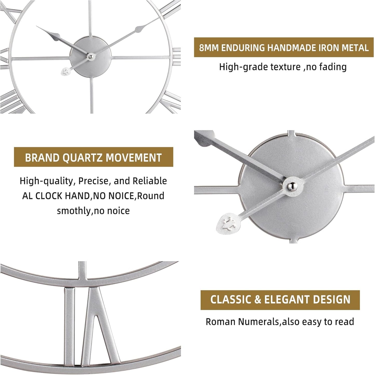 Large Wall Clock - 80cm/ 32 Inches, Silver, Non-Ticking, Battery Operated, Vintage Modern Wall Clock for Living Room, Bedroom, Office, Farmhouse Decor