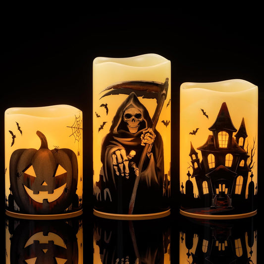 Wondise Halloween Flameless Flickering Candles with 6 Hour Timer, Battery Operated Real Wax Halloween Candles Set of 3 Halloween Decoration Grim Reaper, Haunted House, Pumpkin (3 x 4 5 6 Inch)