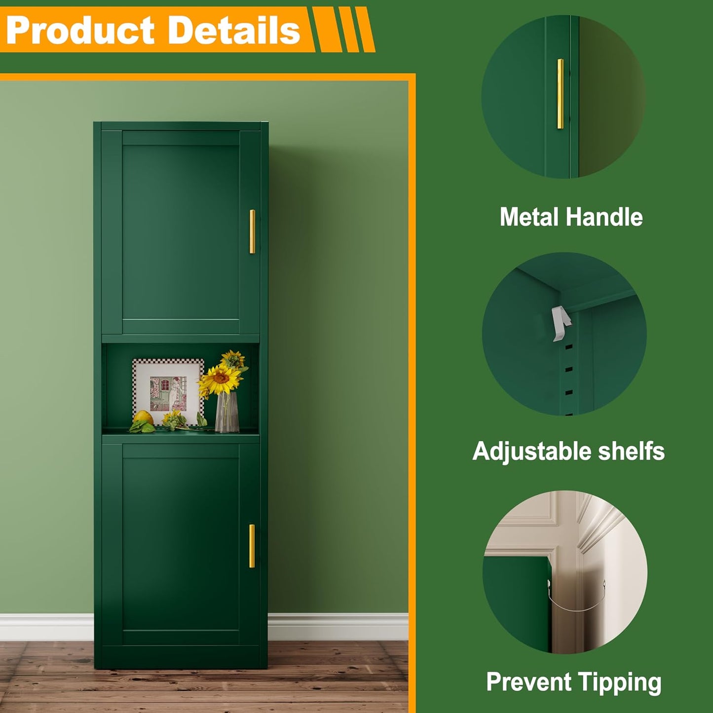 Tall Narrow Storage Cabinet 66.93" H Tall Bathroom Cabinet Metal Pantry Cabinets, 4 Adjustable Shelves for Kitchen, Home Office, Living Room, Dinning Room (20 inches Wide Green)