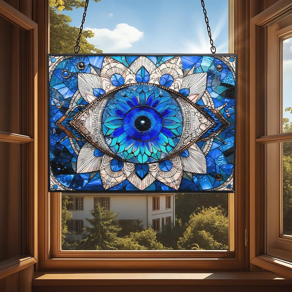 Rectangle Evil Eye Suncatchers for Windows, Stained Glass Window Hangings,Hand-Painted Glass Panel Perfect for Home Décor