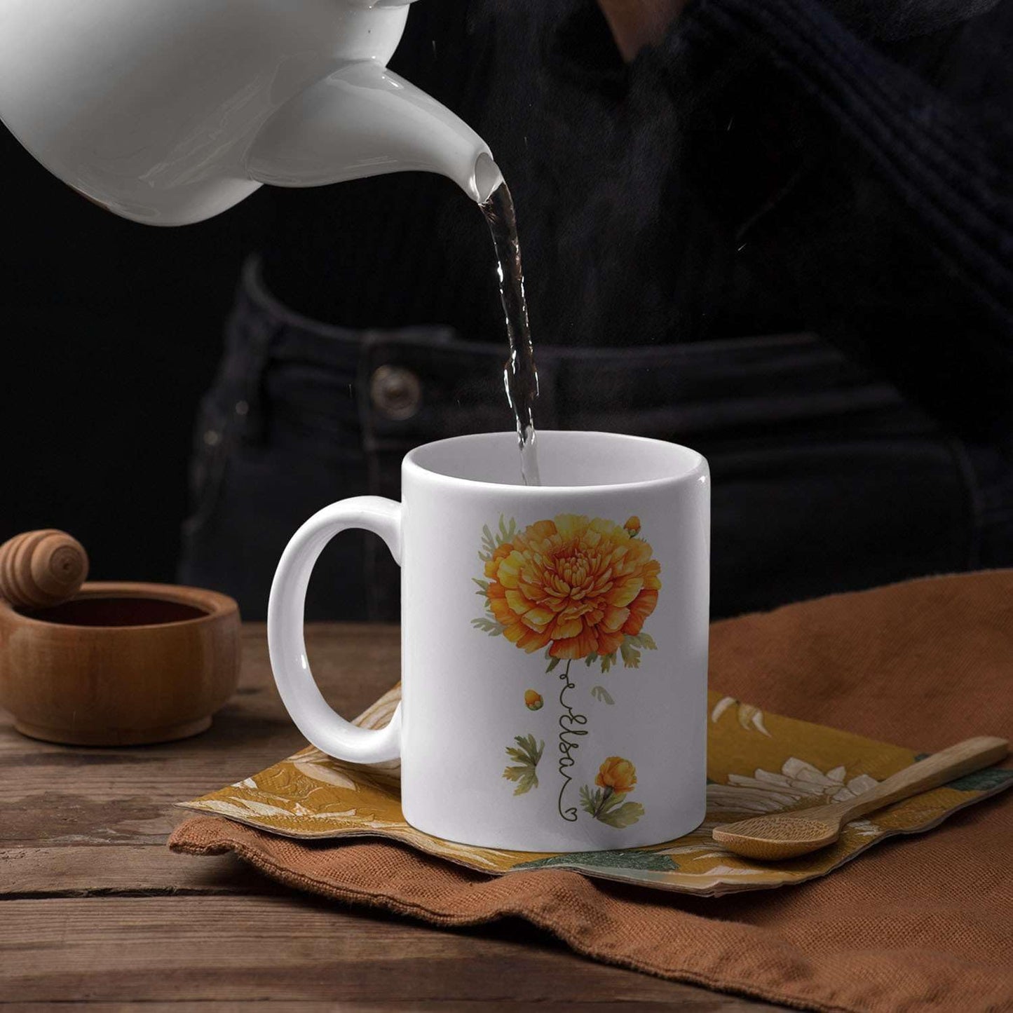 Unique Marigold Themed Ceramic Mug, Personalized Name Flower Accent Cup, Lovely Floral Coffee Mug 11oz 15oz, Custom Ceramic Mug For Flower Lover, Customized Marigold Decorative Cup