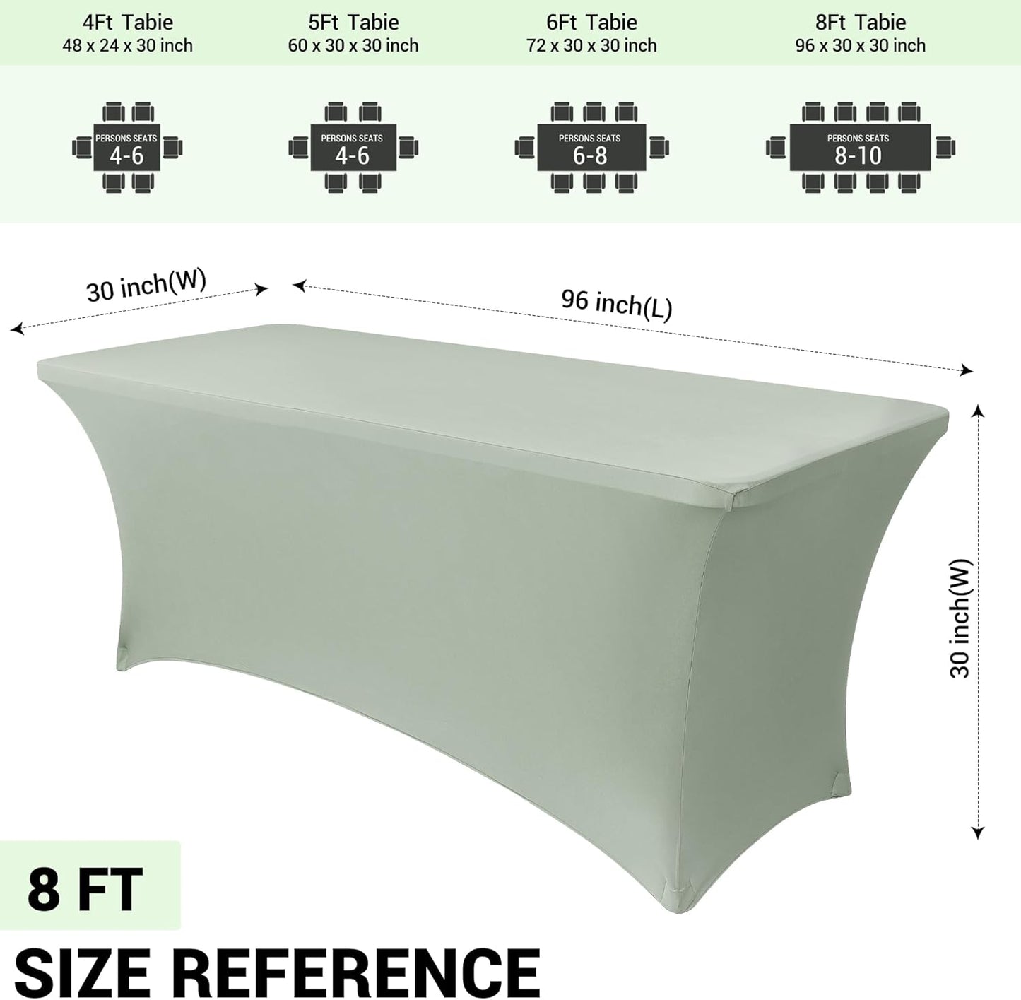 Obstal 2PC Sage Green Tablecloth - 8ft Rectangle Spandex Table Cover for Party, Events, Banquets & Weddings, Machine Washble