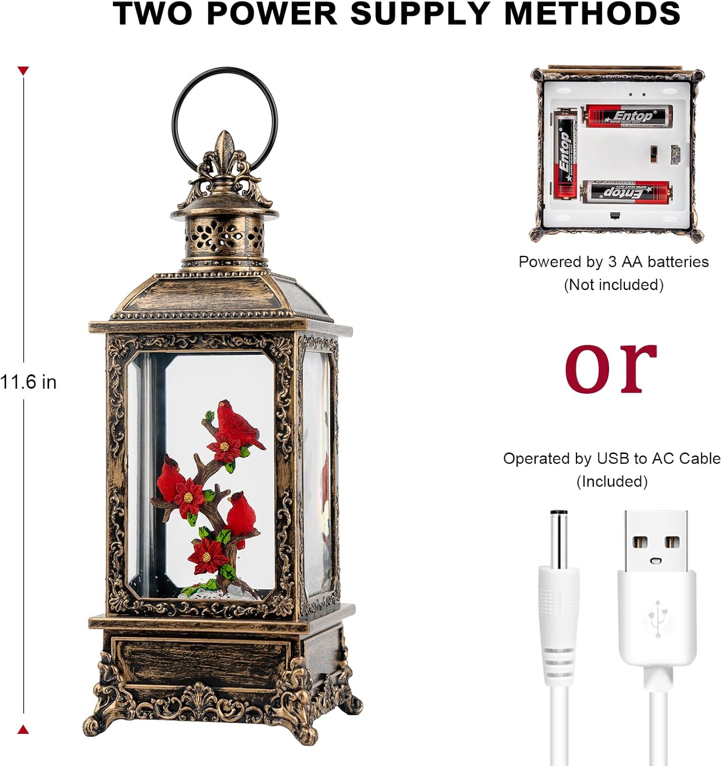 Christmas Snow Globe Water Glittering Cardinal Lantern with Music & Timer, USB Lined/Battery Operated Lighted Lantern for Christmas Festival Decoration Gifts