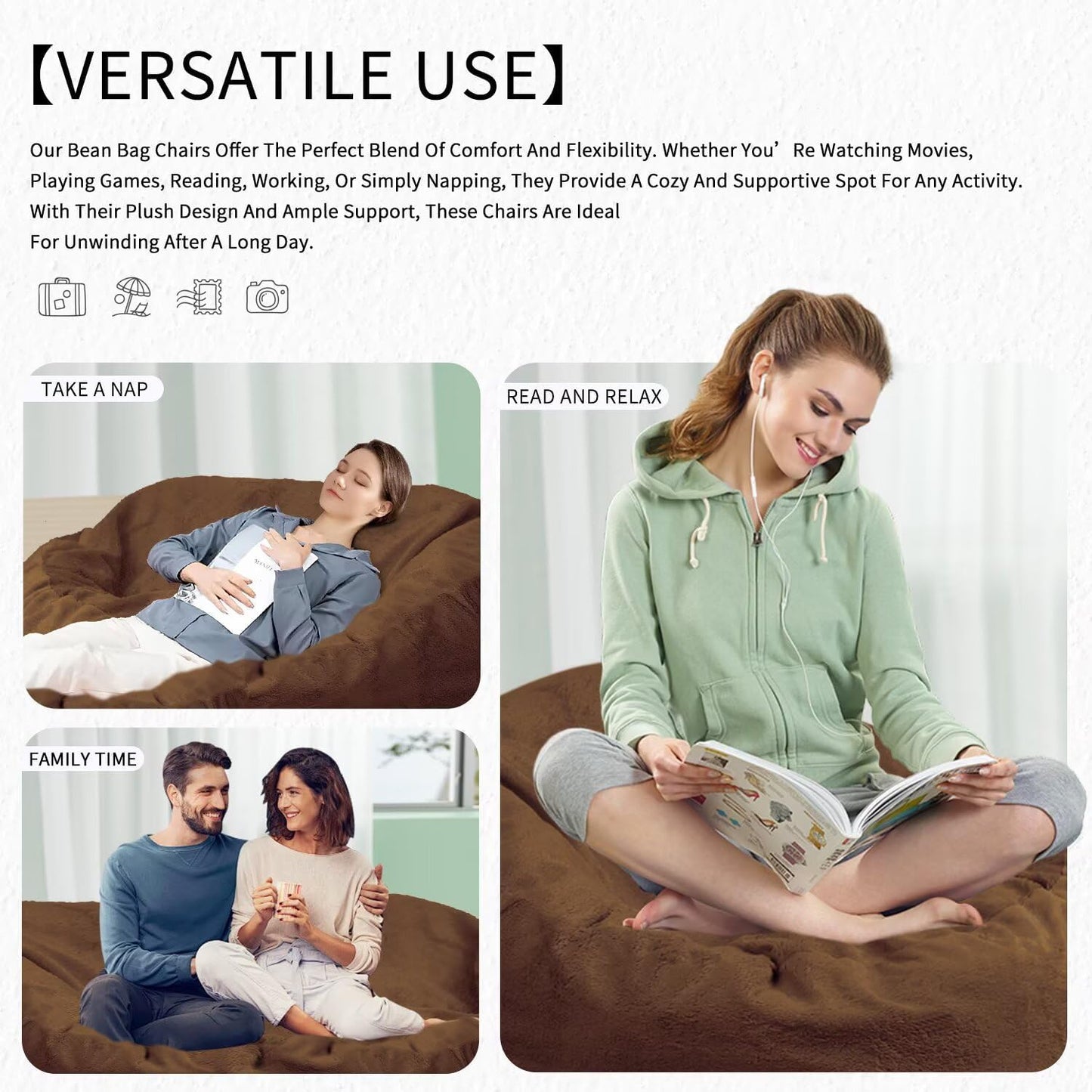 Bean Bag Chair for Adults 5FT,Soft Removable Cover for Teens/Girls Bedroom,Fluffy Giant Round Floor Beanbag Lounger Chairs (No Filler,Deep Coffee)