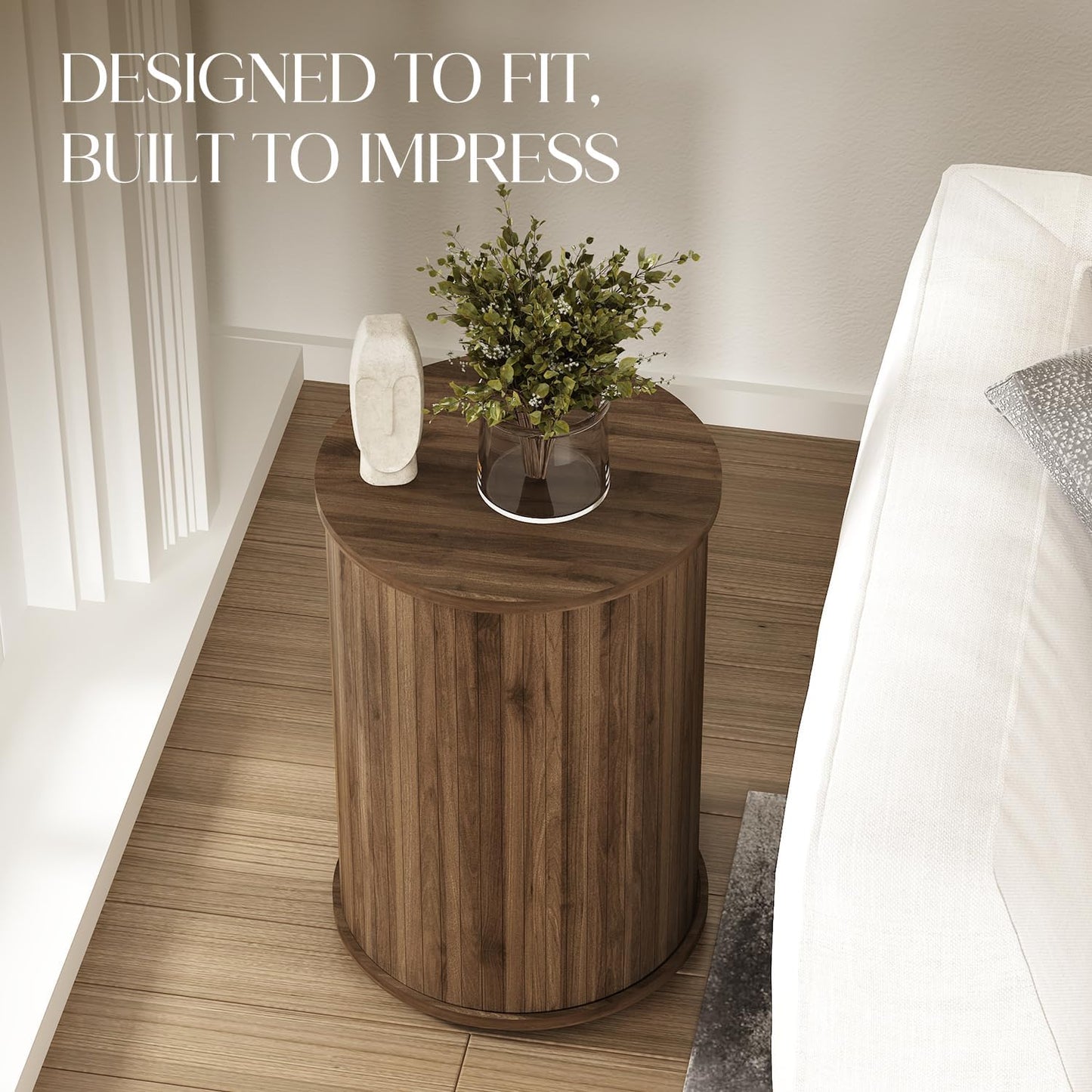 Round Fluted End Table for Living Room, Modern Wooden Sofa Couch Side Table for Small Spaces, 21.9" H Nightstand Set of 2 for Bedroom (Walnut)