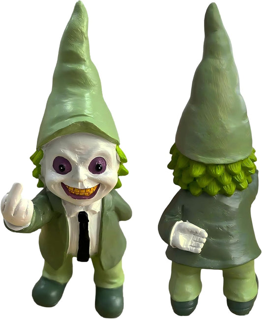 Halloween Decor Funny Garden Gnomes, Middle Fidget Gnome Statue Horror Movie Gnome Creepy Outdoor Decor for Haunted House Lawn Table Decoration (5.5in, Green)